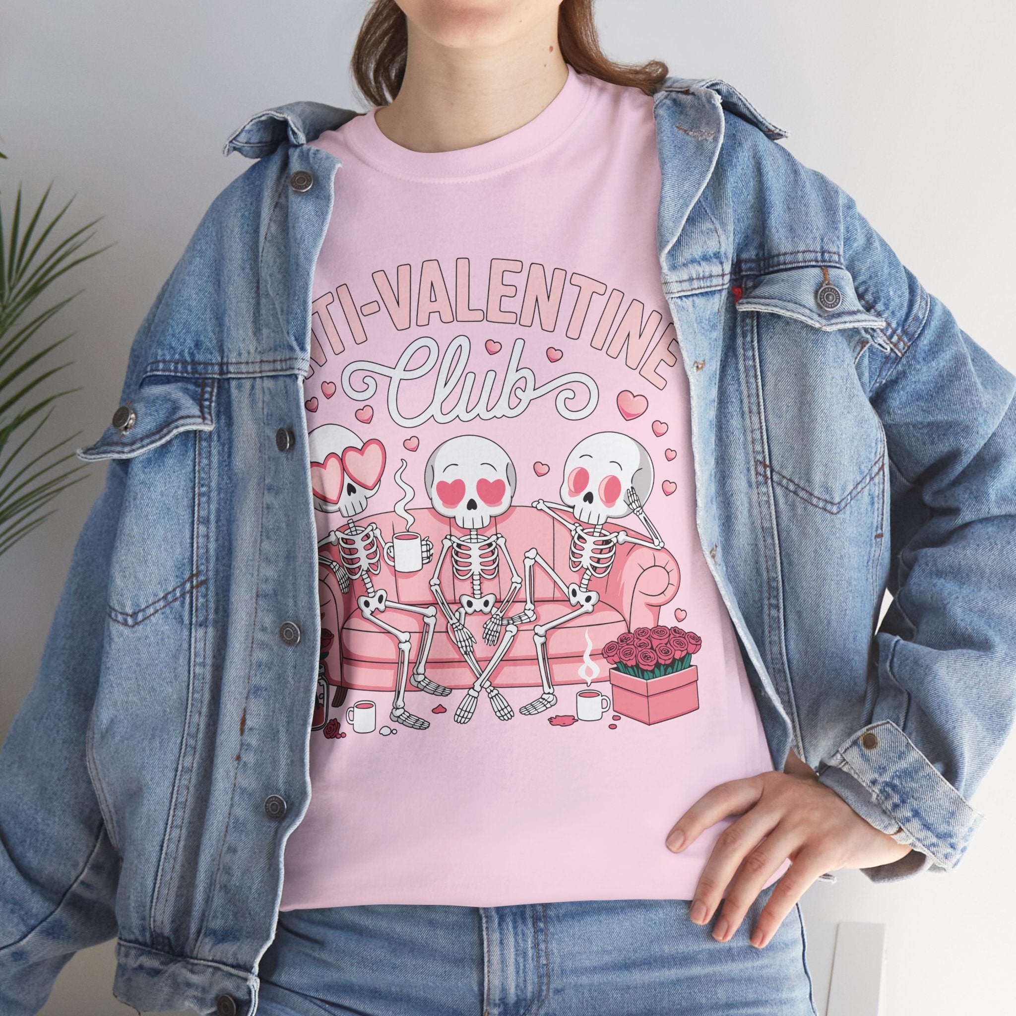 Anti-Valentine Club Skeleton Tee — Anti-Romance Pink Couch Graphic Unisex Cotton T-Shirt