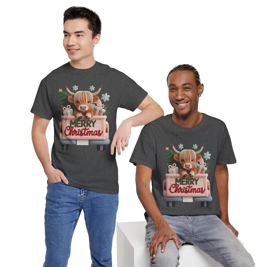 Merry Christmas Highland Cow Knit Truck Unisex Cotton T-Shirt