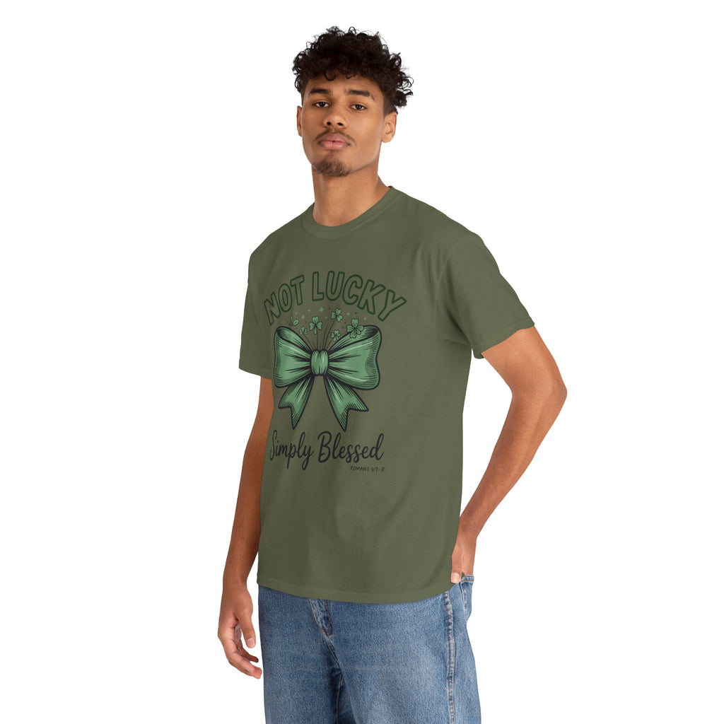Not Lucky, Simply Blessed T-Shirt — Green Bow & Clovers St. Patrick’s Unisex Cotton Tee