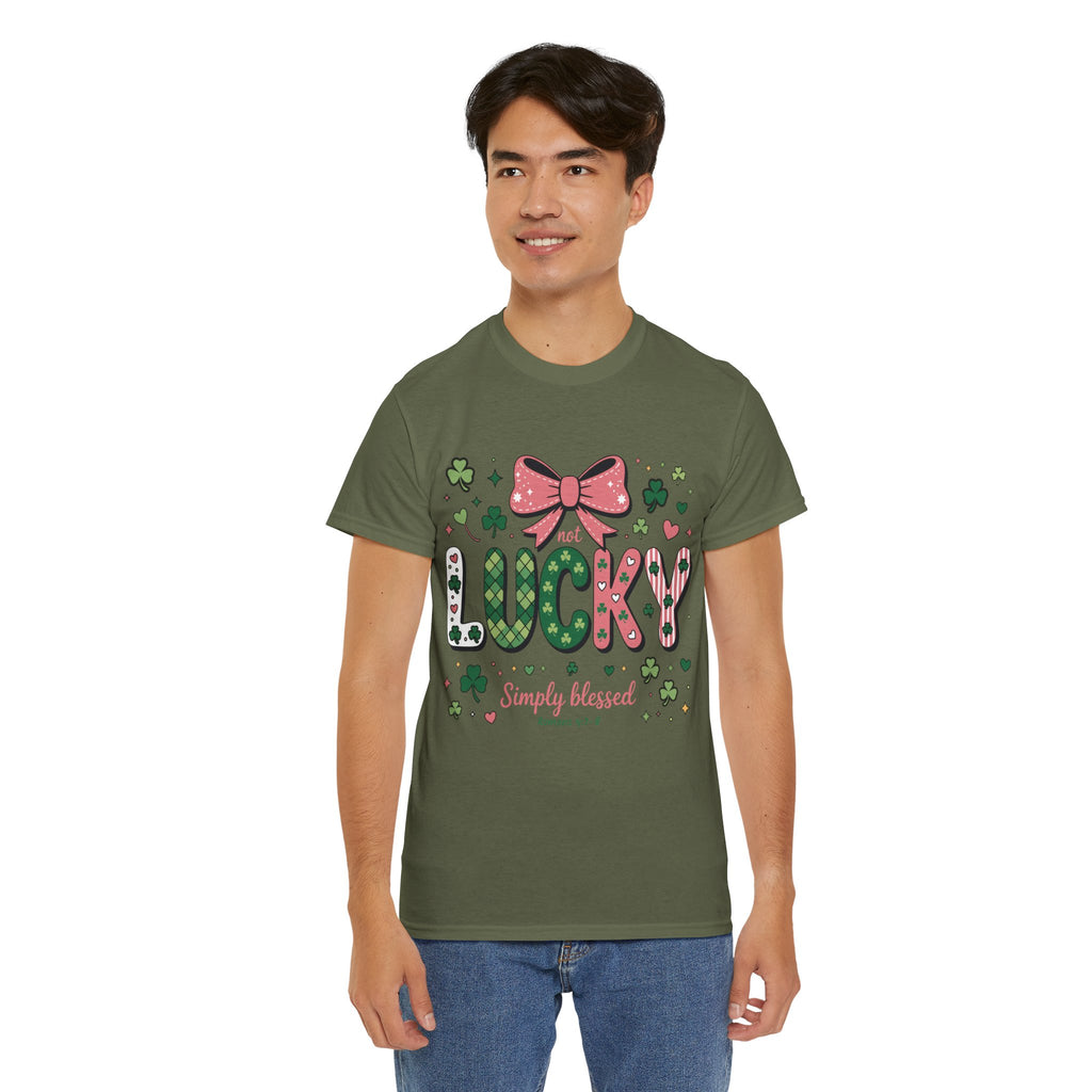 Simply Blessed Tee — “Not Lucky, Simply Blessed” with Pastel Bow, Clovers & Romans 4:7-8 Unisex Cotton Tee