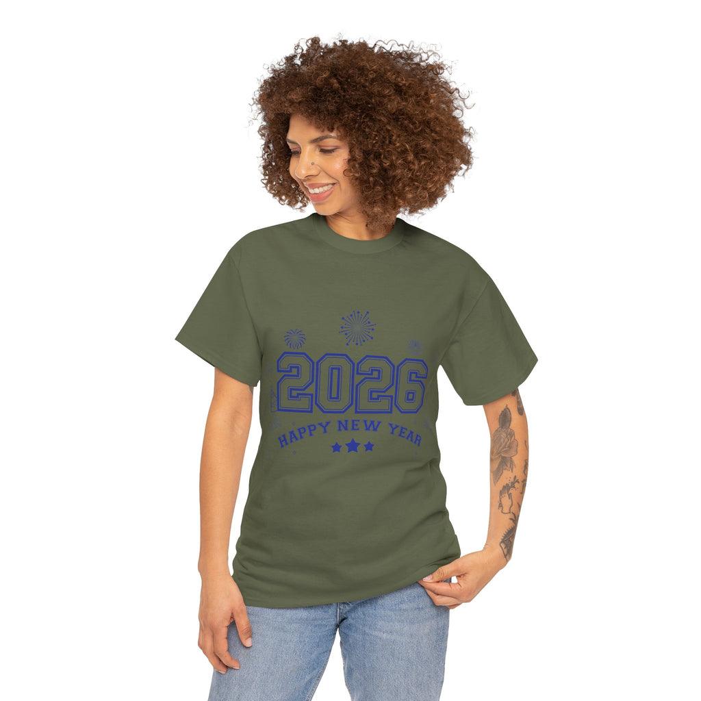 Happy New Year 2026 Varsity Tee — Fireworks & Confetti Celebration Unisex Cotton Tee