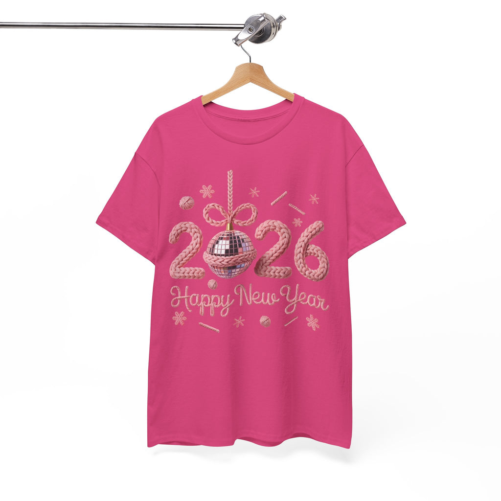 2026 Happy New Year Pink Knitted Disco Ball Unisex Cotton Tee