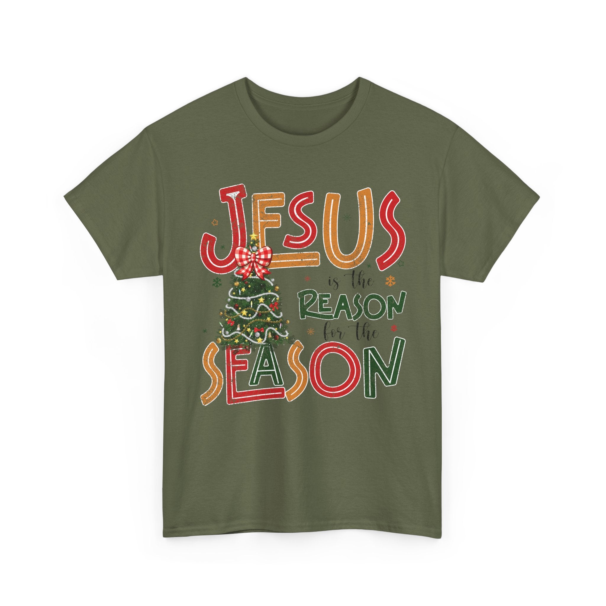 Jesus Is the Reason for the Season Christmas T-Shirt — Plaid Bow Tree..Unisex Cotton Tee