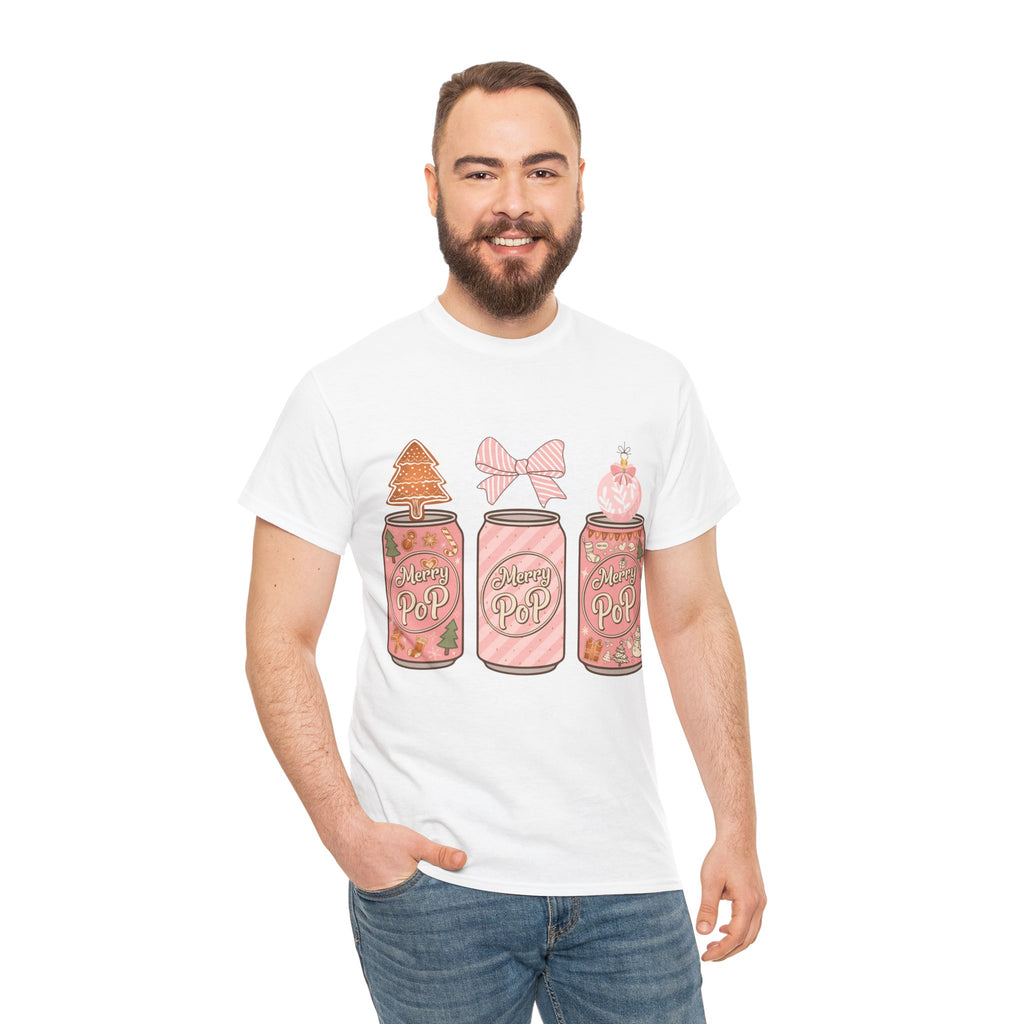 Merry Pop Christmas Soda Can Tee — Pastel Holiday Graphic Unisex Cotton T-Shirt