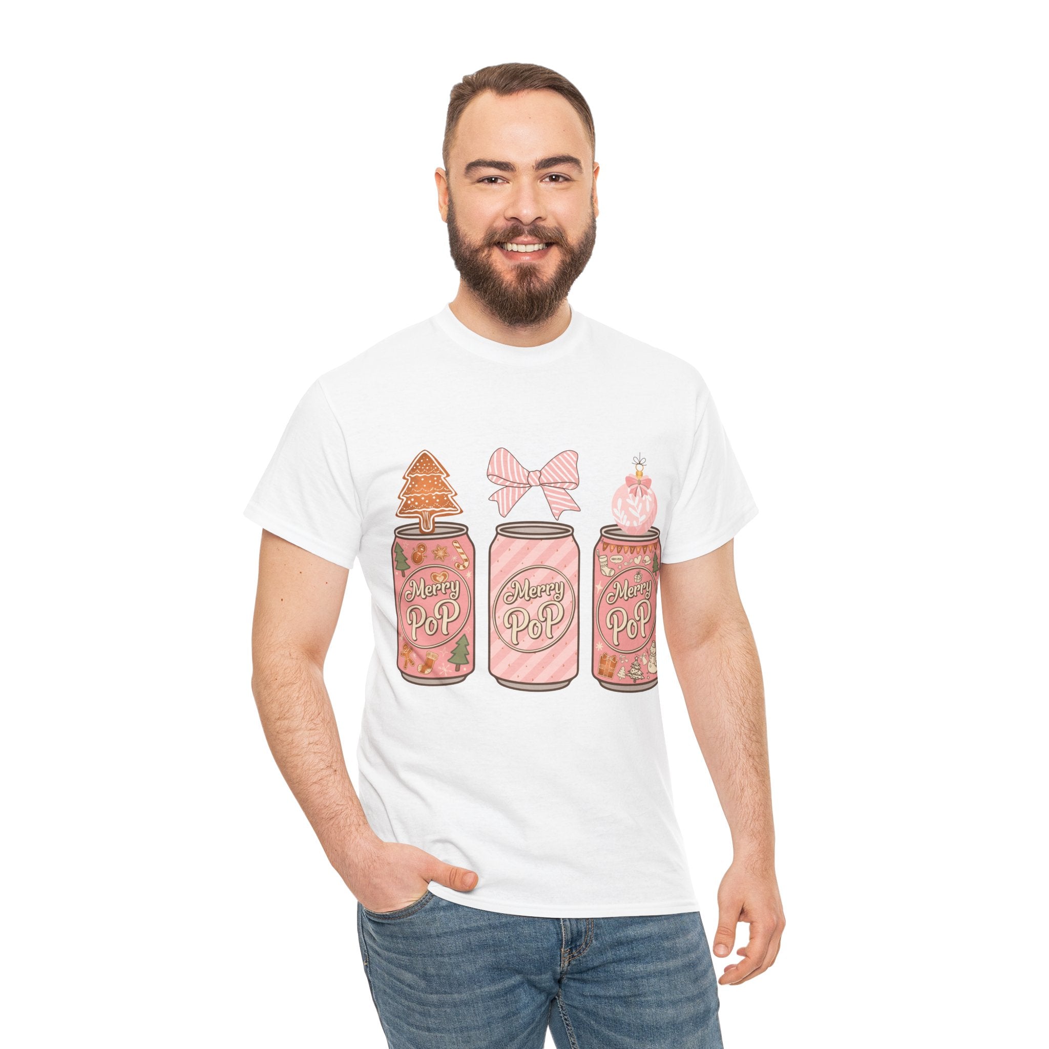 Merry Pop Christmas Soda Can Tee — Pastel Holiday Graphic Unisex Cotton T-Shirt