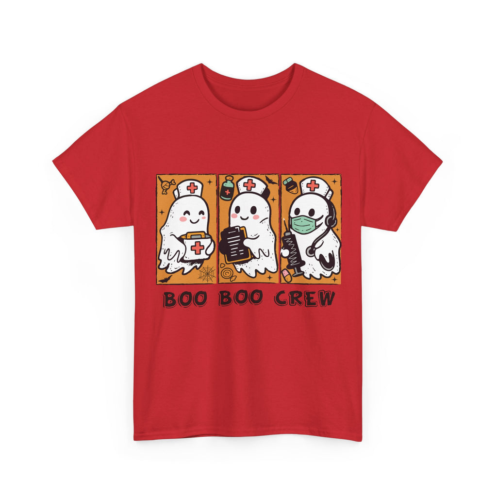 Halloween Nurse T-Shirt — Ghost Nurses Holding Medical Tools on Orange Unisec Cotton Tee