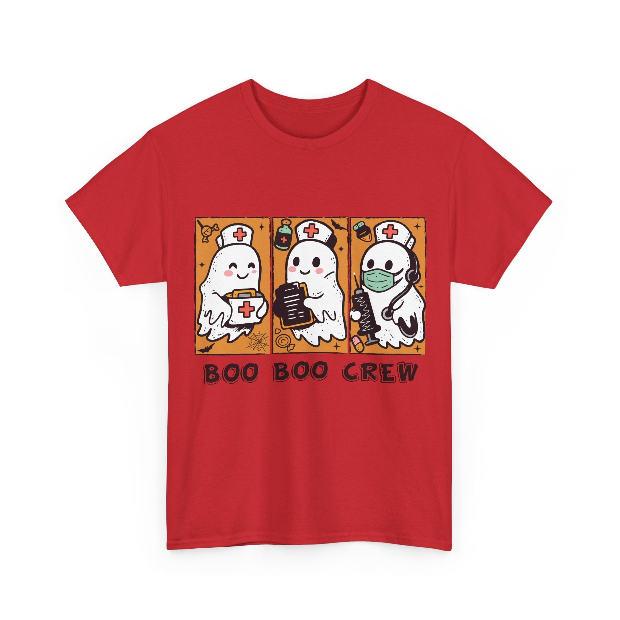 Halloween Nurse T-Shirt — Ghost Nurses Holding Medical Tools on Orange Unisec Cotton Tee