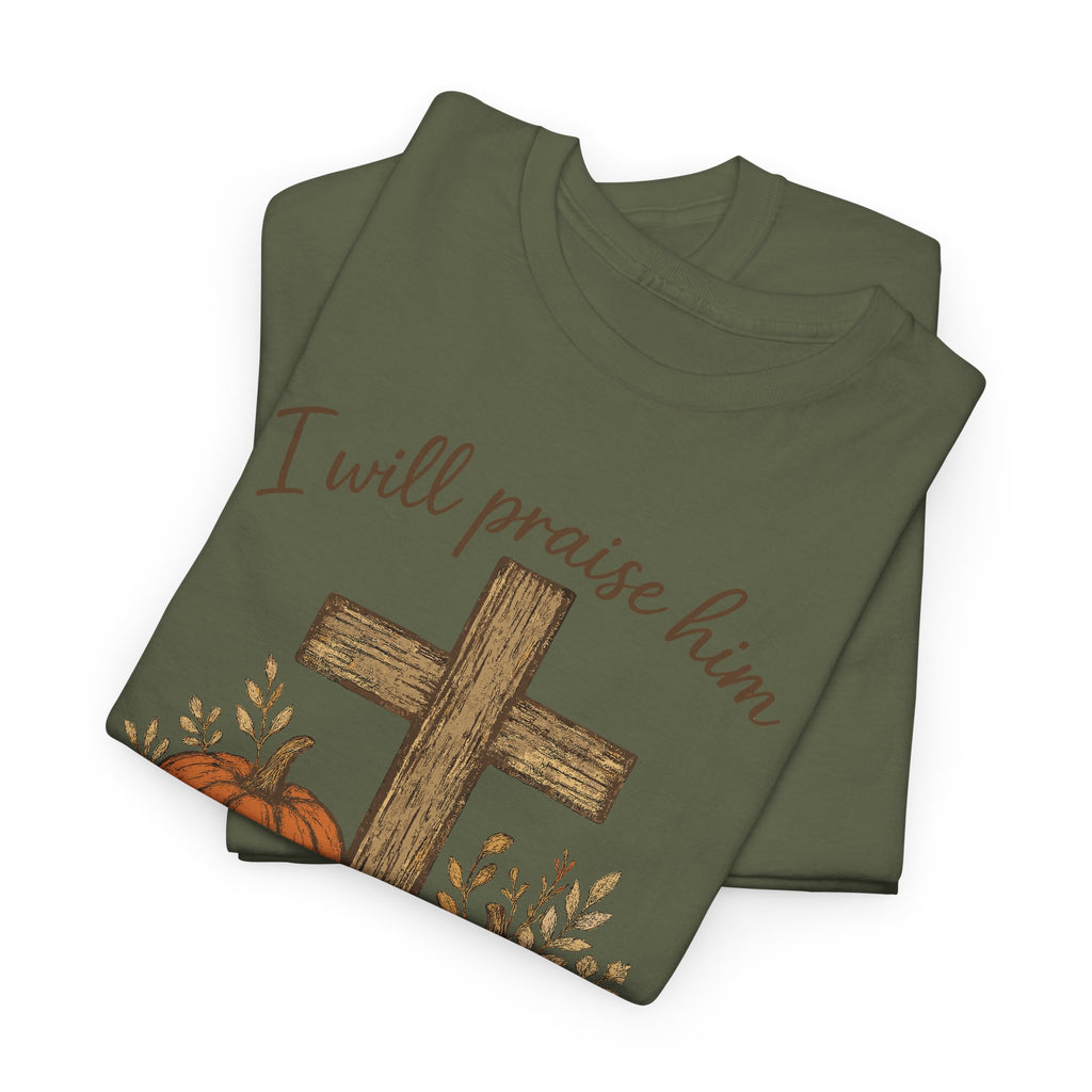 Psalm 146:2 Pumpkin Cross T-Shirt — I Will Praise Him in Every Season. Unisex Cotton Tee