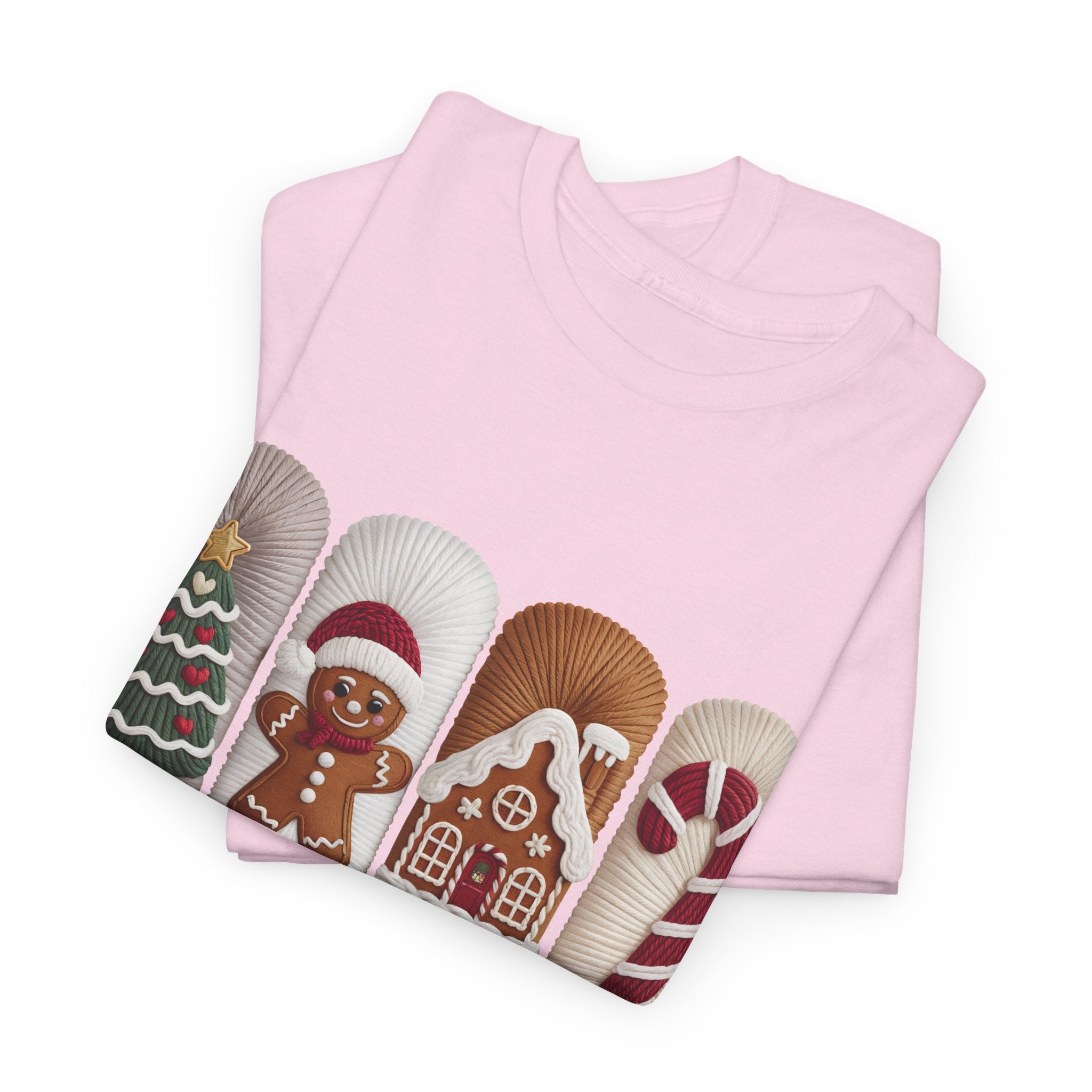 Christmas Faux-Yarn Tree Tee — Gingerbread House & Candy Cane Holiday Unisex Cotton T-Shirt
