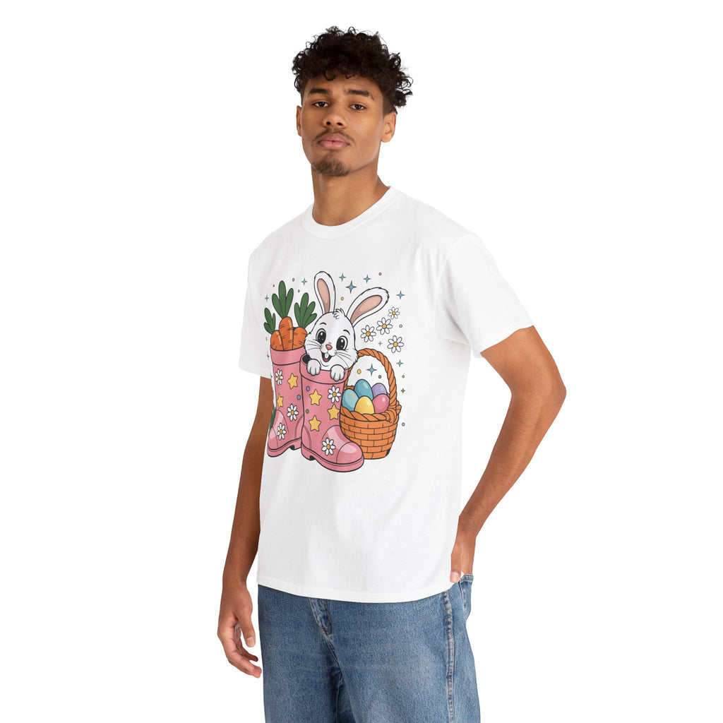 Easter Bunny in Pink Rain Boots T-Shirt — Cartoon Bunny, Carrots & Colorful Eggs Unisex Cotton Tee