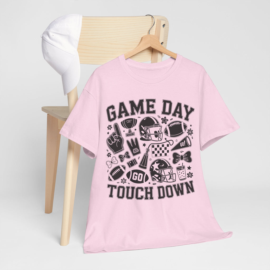 Game Day Touch Down Football T‑Shirt — Helmet & Cheer Monochrome Design Unisex Cotton Tee