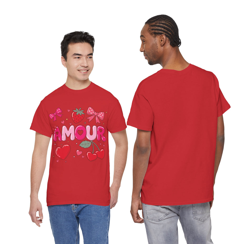 Amour Pink Hearts Tee — Shiny Lettering with Bows, Cherries & Strawberry Accent...Unisex Cotton Tee