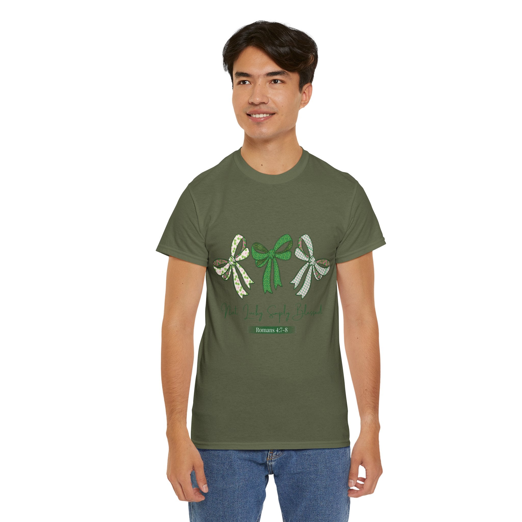 Not Lucky Simply Blessed Tee — Romans 4:7-8 Green Bow Christian Unisex Cotton T-Shirt