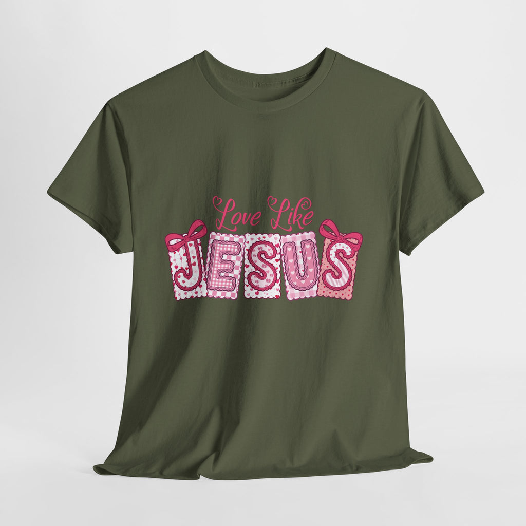 Love Like Jesus Patchwork Tee — Pink Stitched Heart Graphic.Unisex Cotton Tee