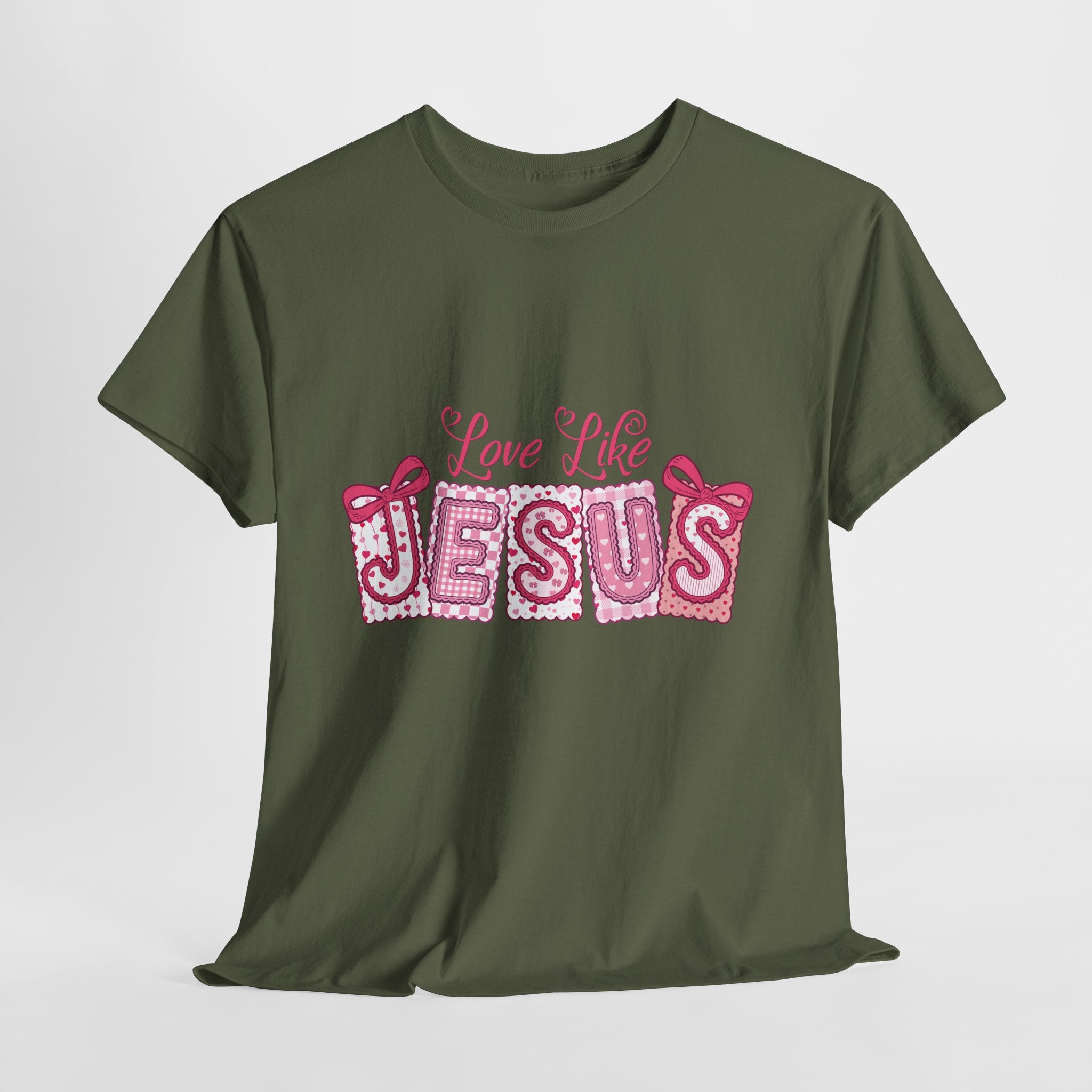 Love Like Jesus Patchwork Tee — Pink Stitched Heart Graphic.Unisex Cotton Tee