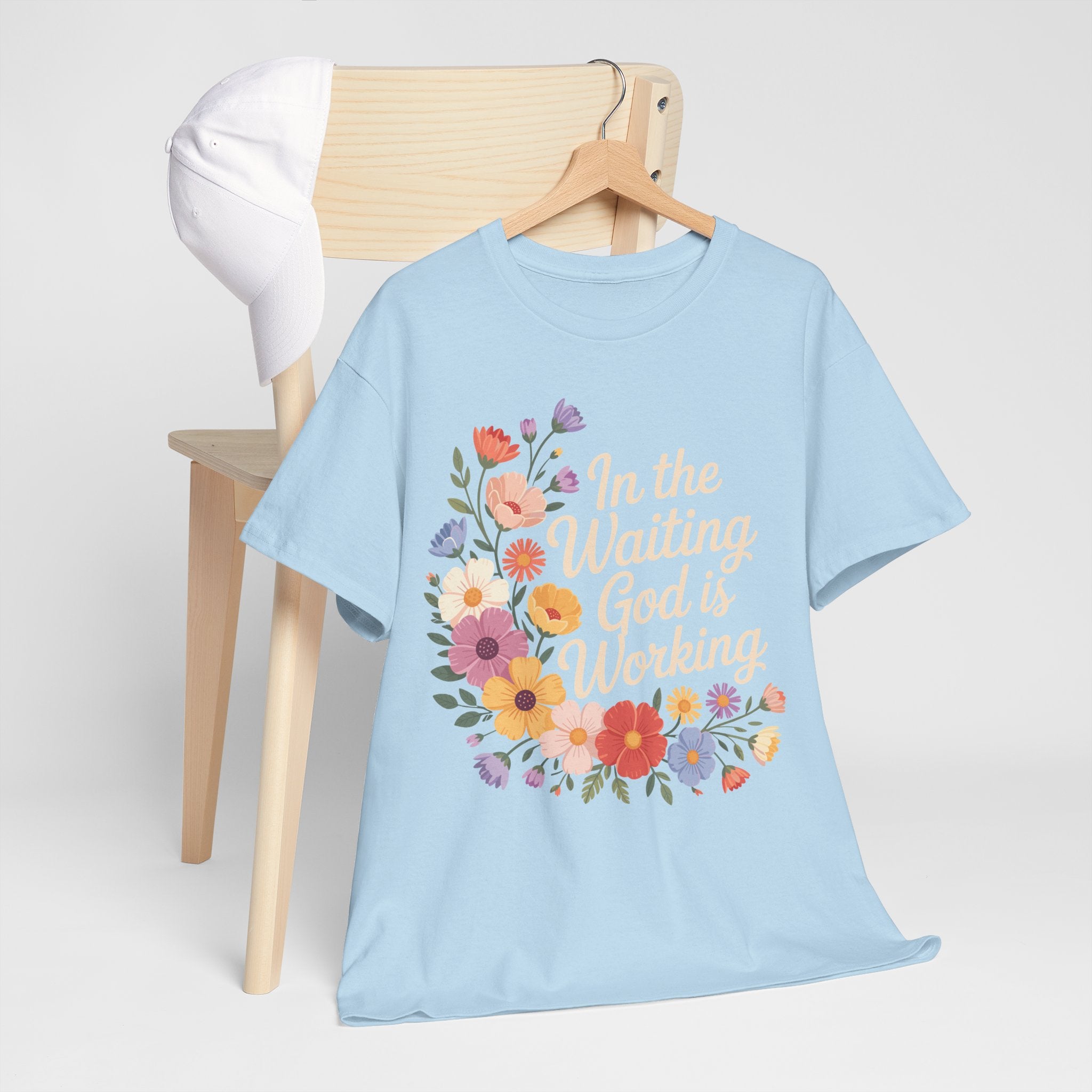 Pastel Floral “In the Waiting God Is Working” Unisex Cotton T-Shirt