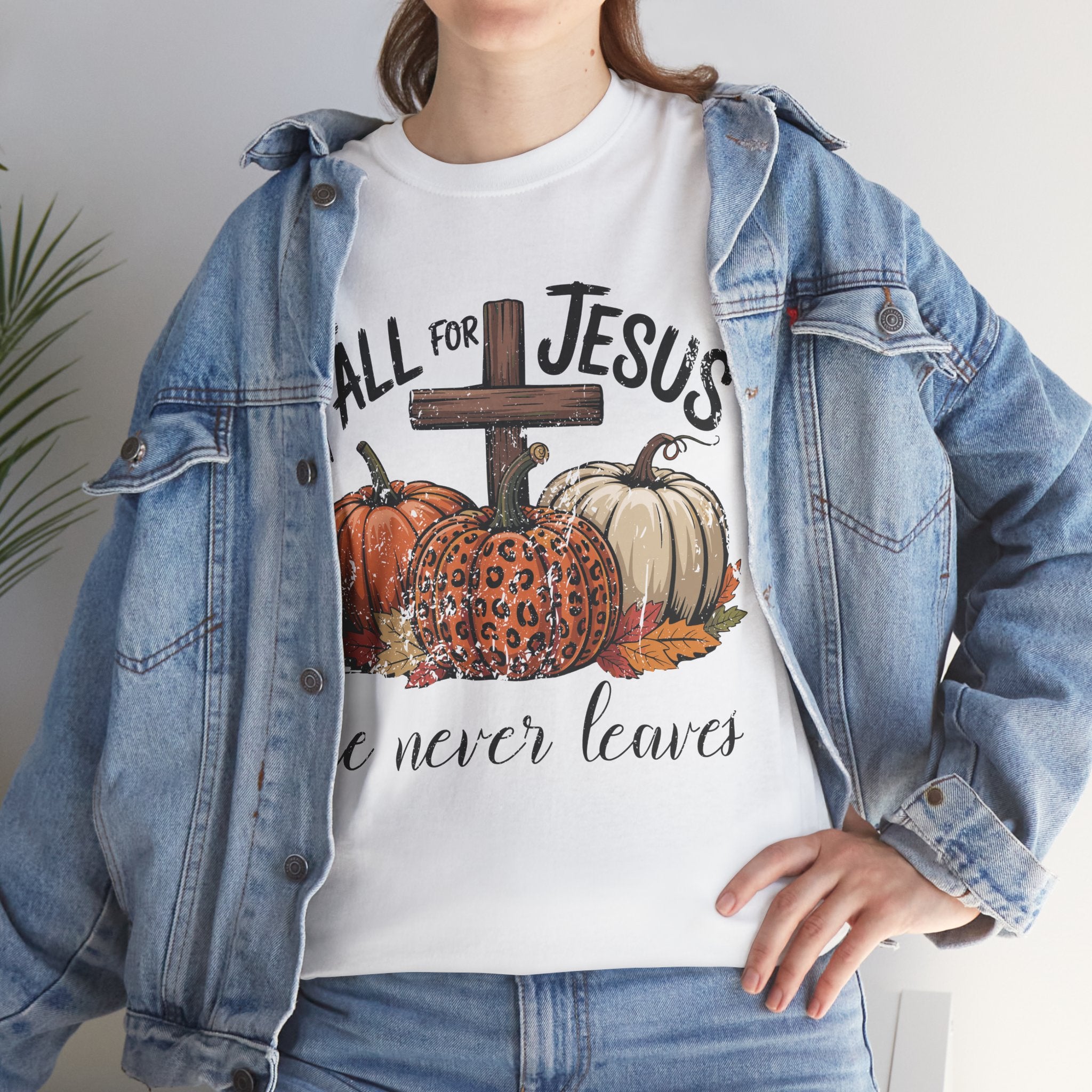 Fall for Jesus Pumpkin Cross Tee — "He Never Leaves" Autumn Christian Unisex Cotton T-Shirt