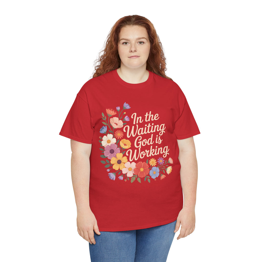 Pastel Floral “In the Waiting God Is Working” Unisex Cotton T-Shirt