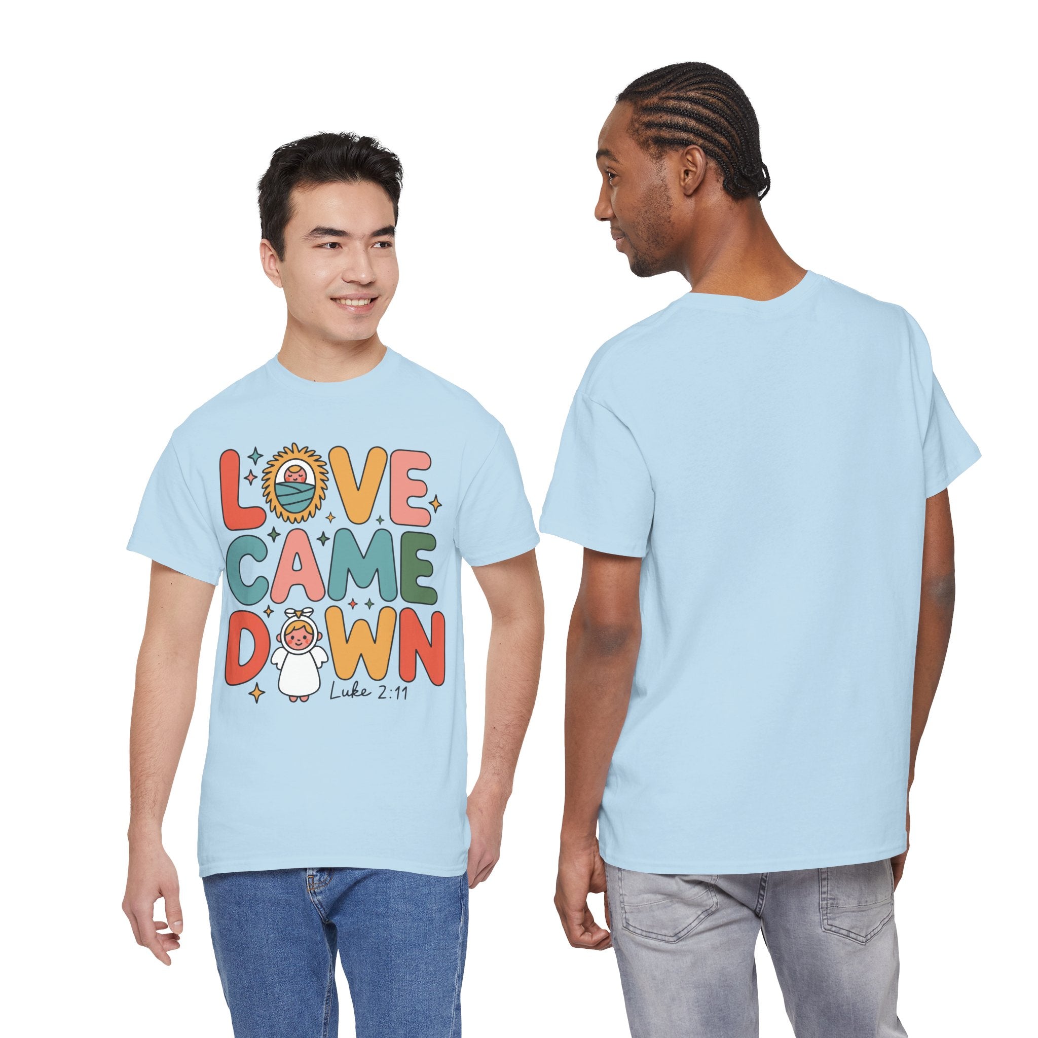 Love Came Down Christmas Tee — Baby Jesus Manger Angel (Luke 2:11)..Unisex Cotton Tee
