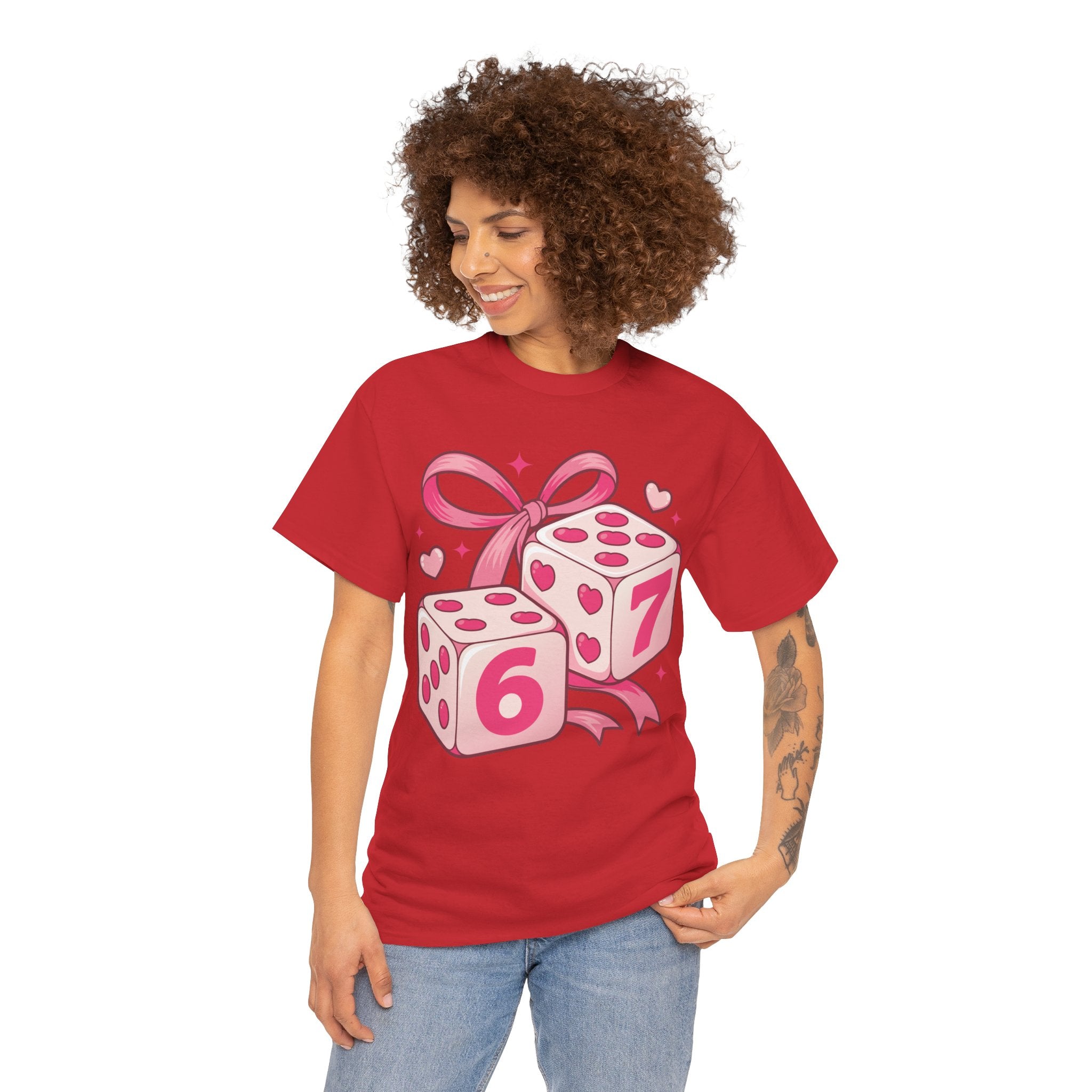 Lucky Love Dice T-Shirt — Pink Heart Dice with Bow..Unisex Cotton Tee