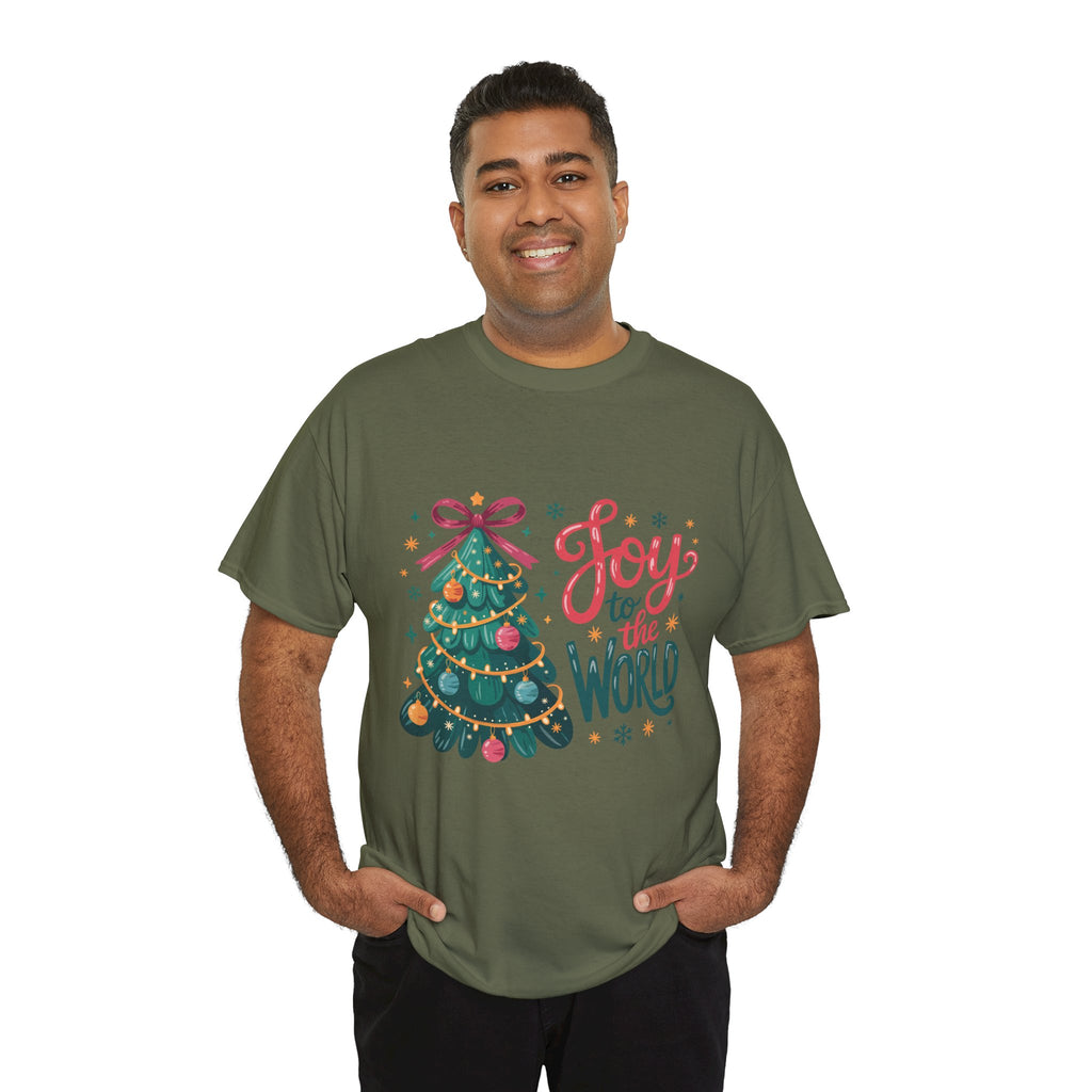 Joy to the World Christmas Tee — Festive Tree with Pink Bow..Unisex Cotton Tee