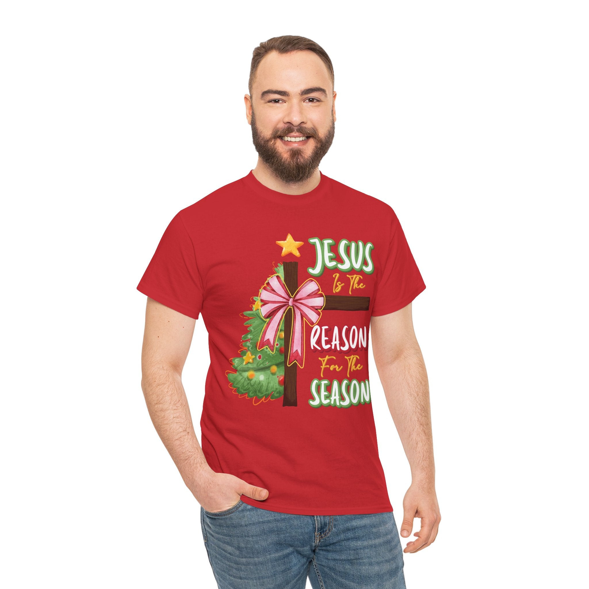 Jesus Is the Reason for the Season Christmas Tee — Cross with Pink Bow & Tree. Unisex Cotton Tee