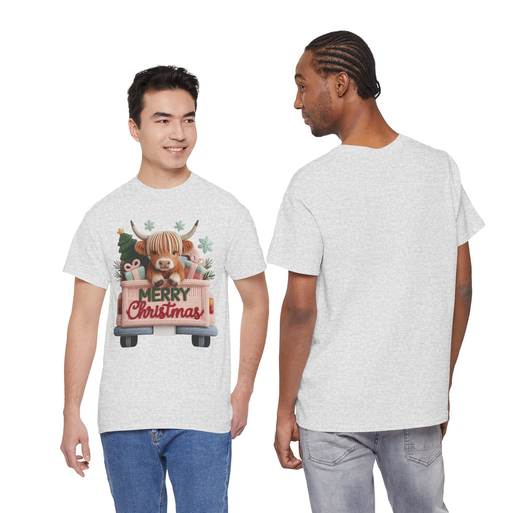 Merry Christmas Highland Cow Knit Truck Unisex Cotton T-Shirt