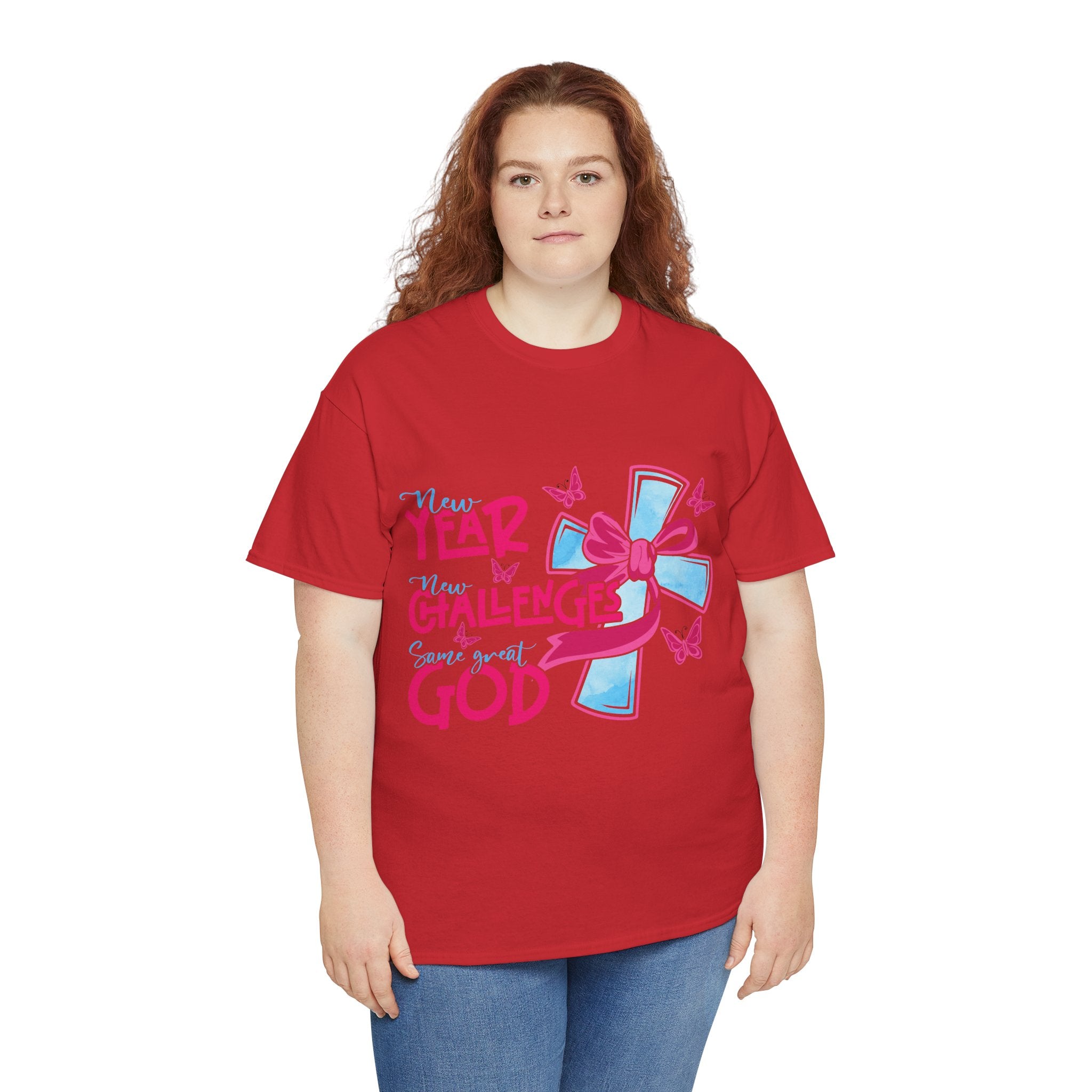 Christian T-Shirt — “New Year, New Challenges, Same Great God” with Pink Bow Cross & Butterflies. Unisex Cotton Tee