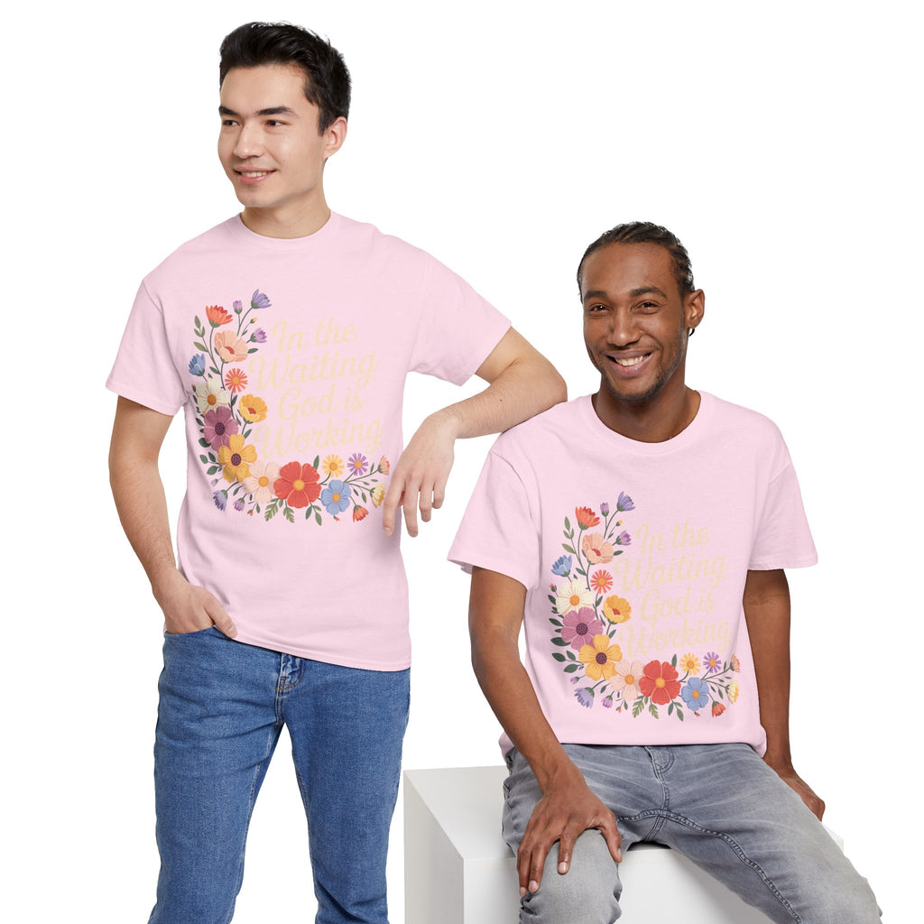 Pastel Floral “In the Waiting God Is Working” Unisex Cotton T-Shirt