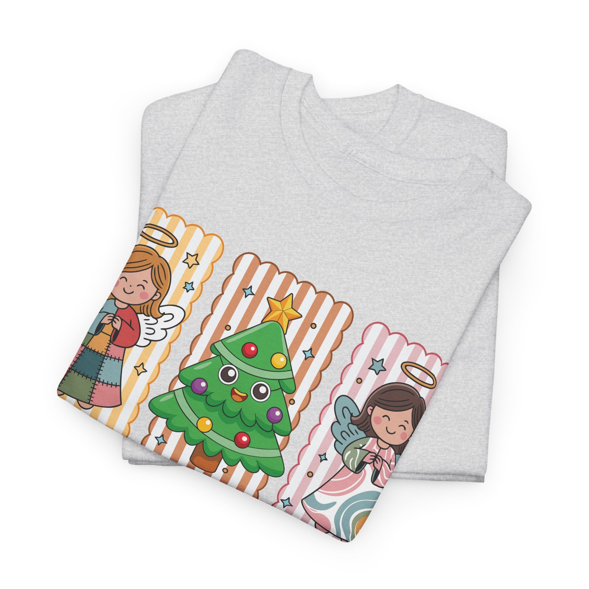O Come Let Us Adore Him Christmas Tee — Smiling Angels & Happy Tree..Unisex Cotton Tee