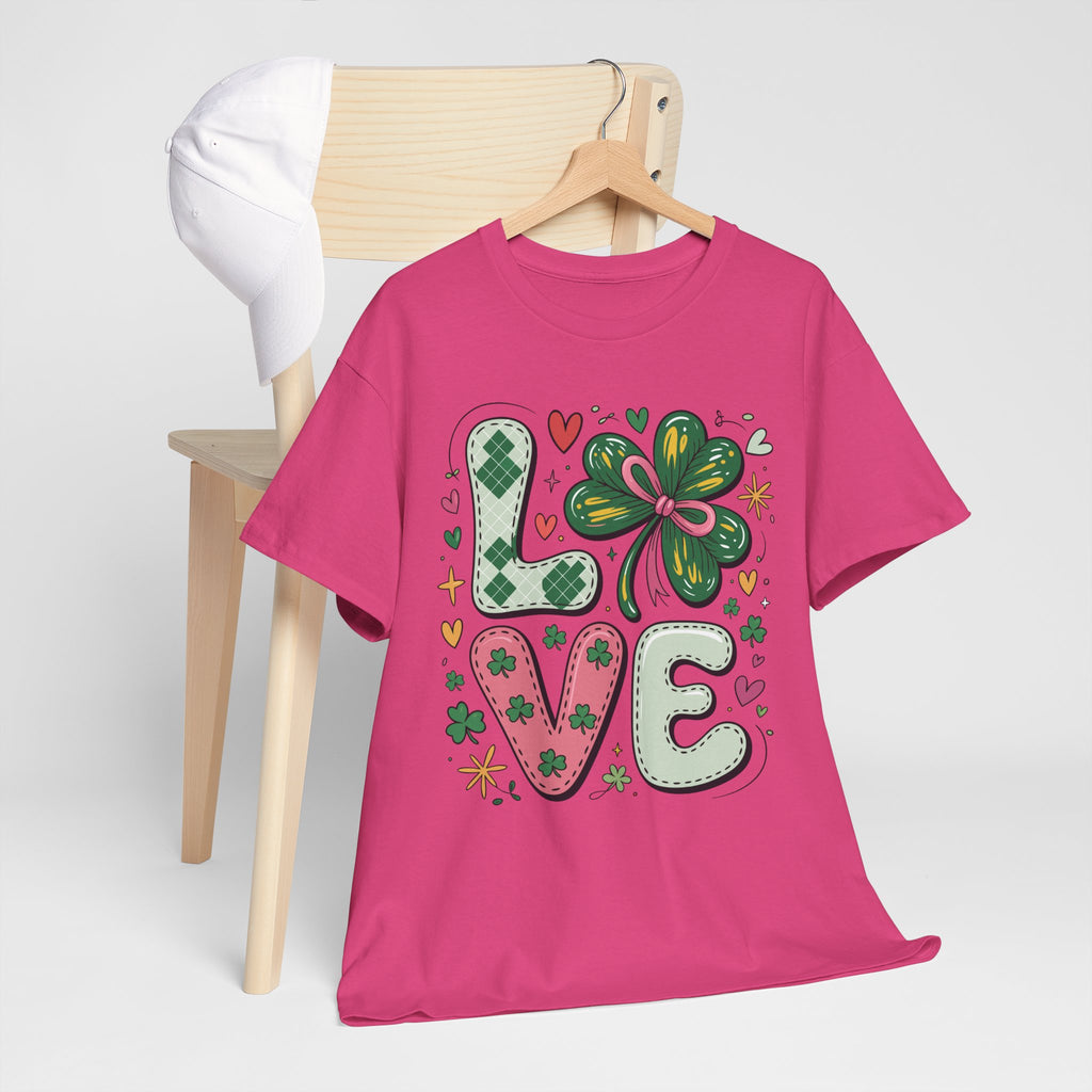 Stitched Clover 'LOVE' Tee — Heart & Patchwork St. Patrick's Unisex Cotton T-Shirt