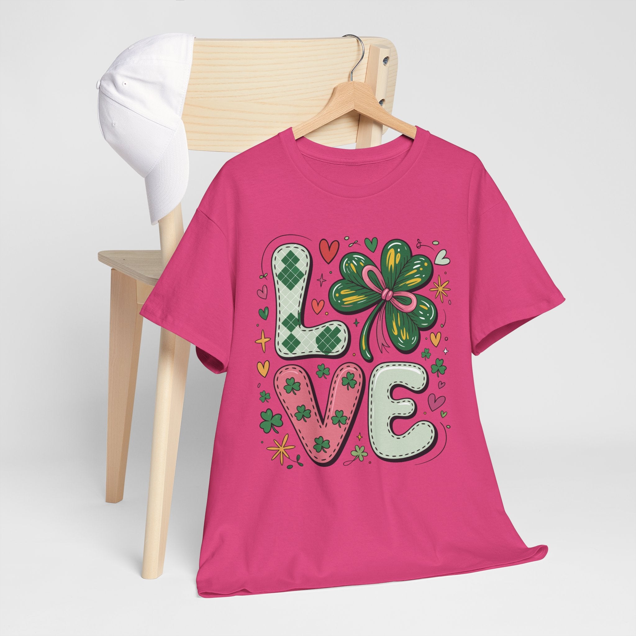 Stitched Clover 'LOVE' Tee — Heart & Patchwork St. Patrick's Unisex Cotton T-Shirt