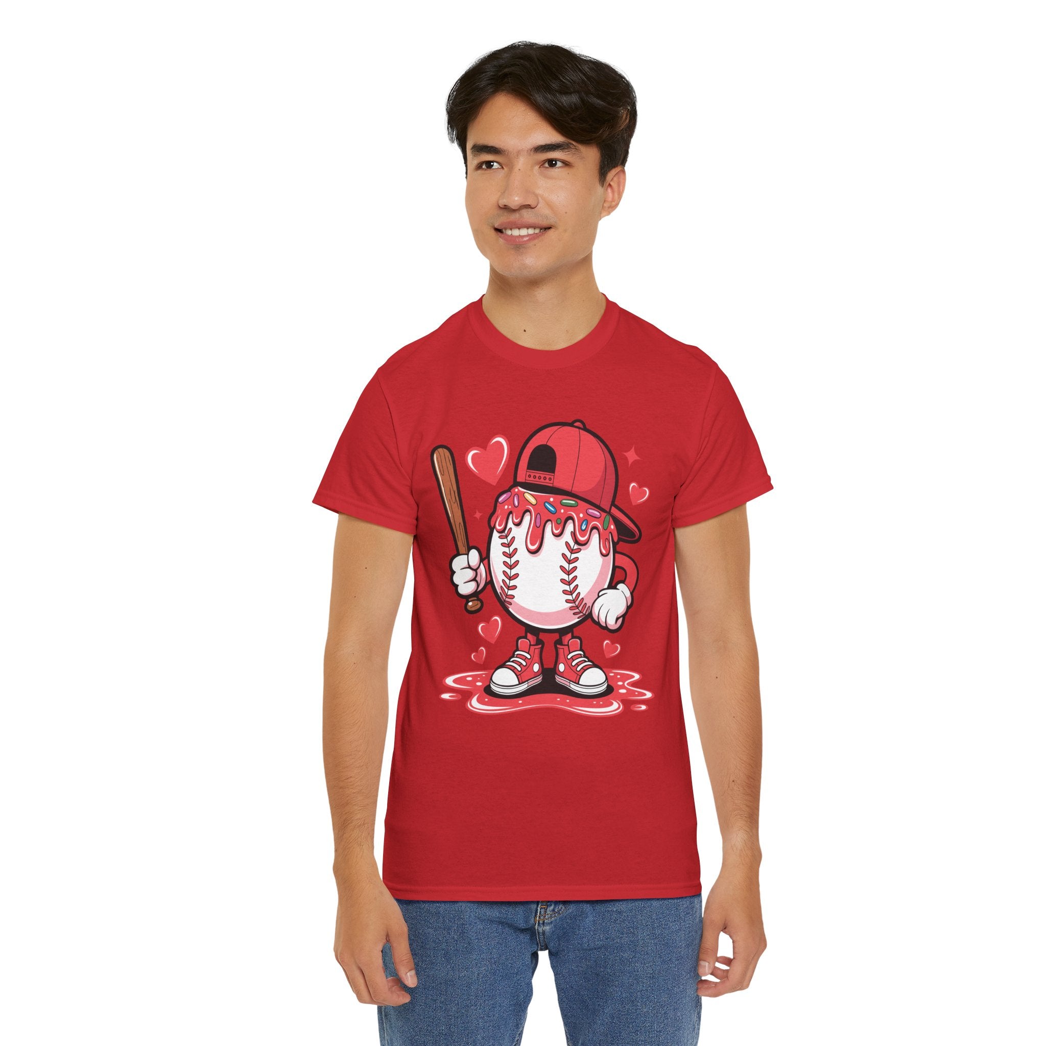 Cute Baseball Character T-Shirt — Red Cap & Icing Top Graphic with Hearts Unisex Cotton Tee