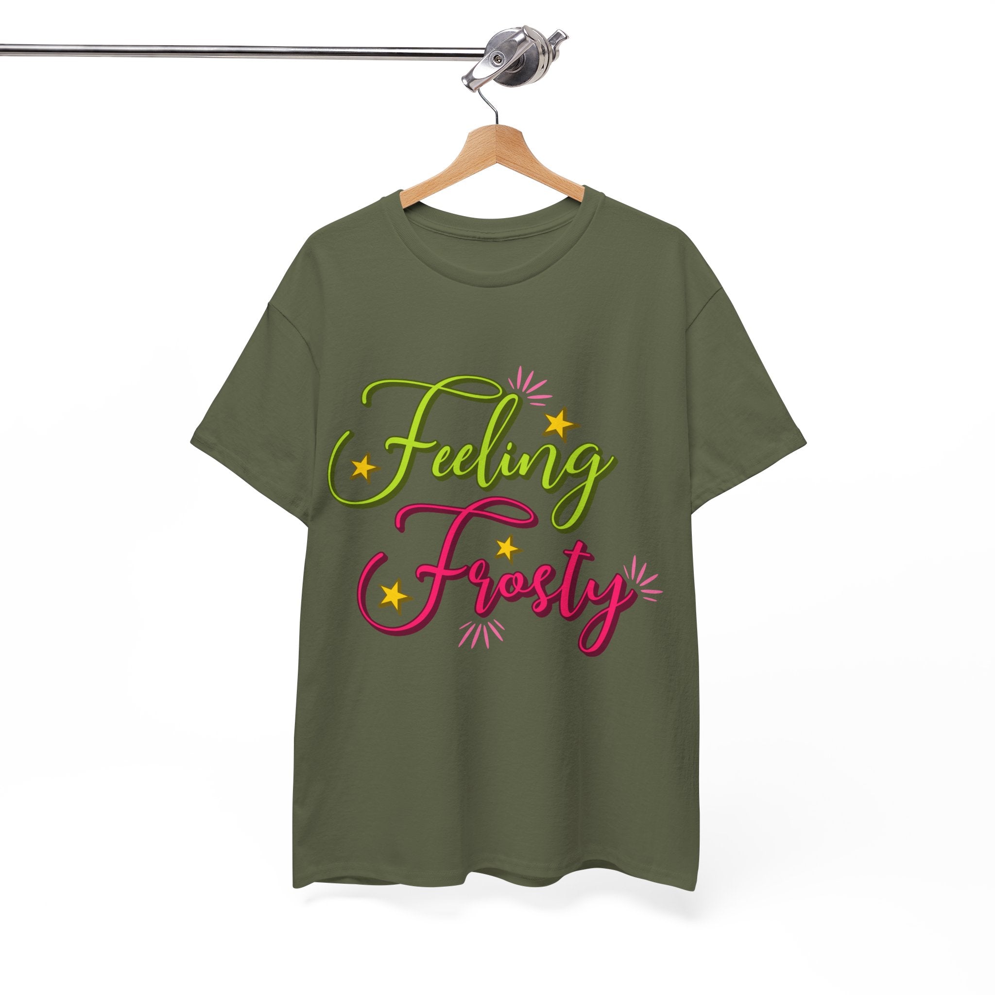 Feeling Frosty Holiday T-Shirt — Green & Pink Script Stars.Unisex Cotton Tee