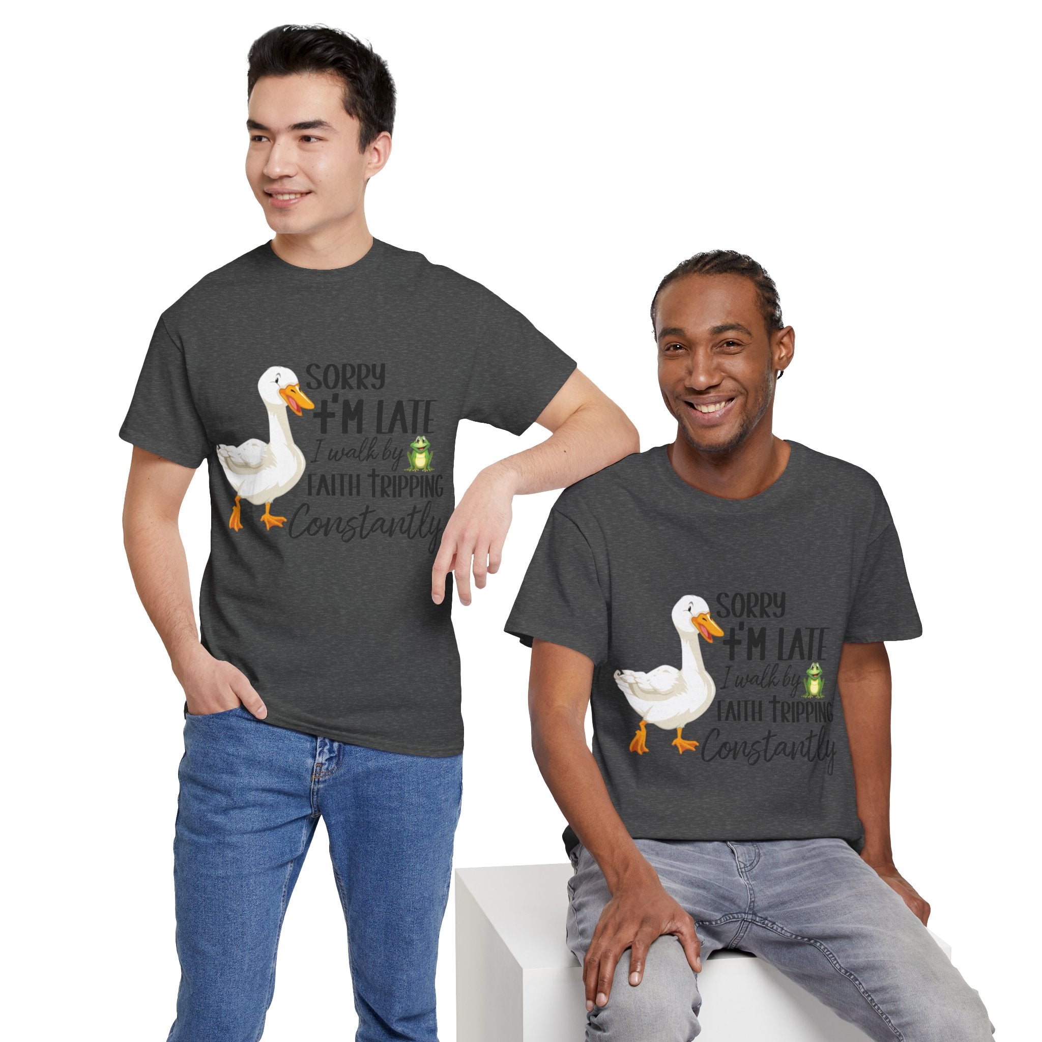 Christian Humor T-Shirt — “Sorry I’m Late, I Walk by Faith Tripping Constantly” (Duck & Frog). Unisex Cotton Tee