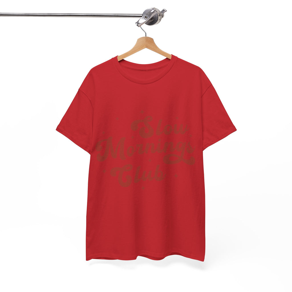 Slow Mornings Club T-Shirt — Retro Red Sparkle Unisex Cotton Tee