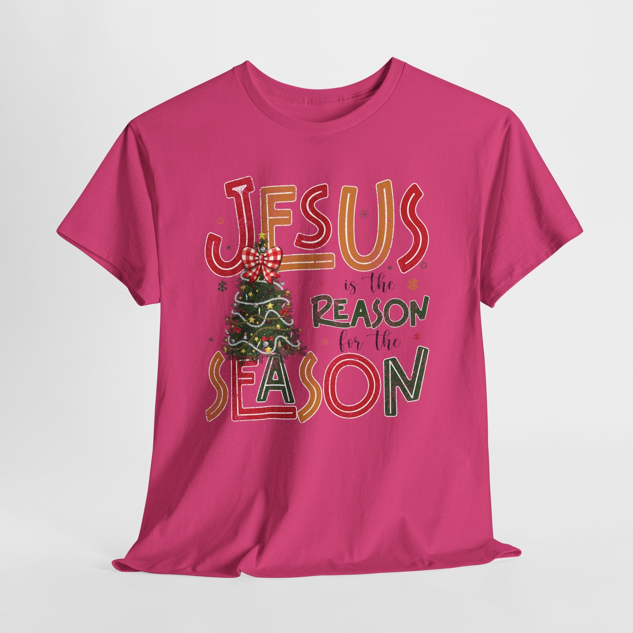 Jesus Is the Reason for the Season Christmas T-Shirt — Plaid Bow Tree..Unisex Cotton Tee