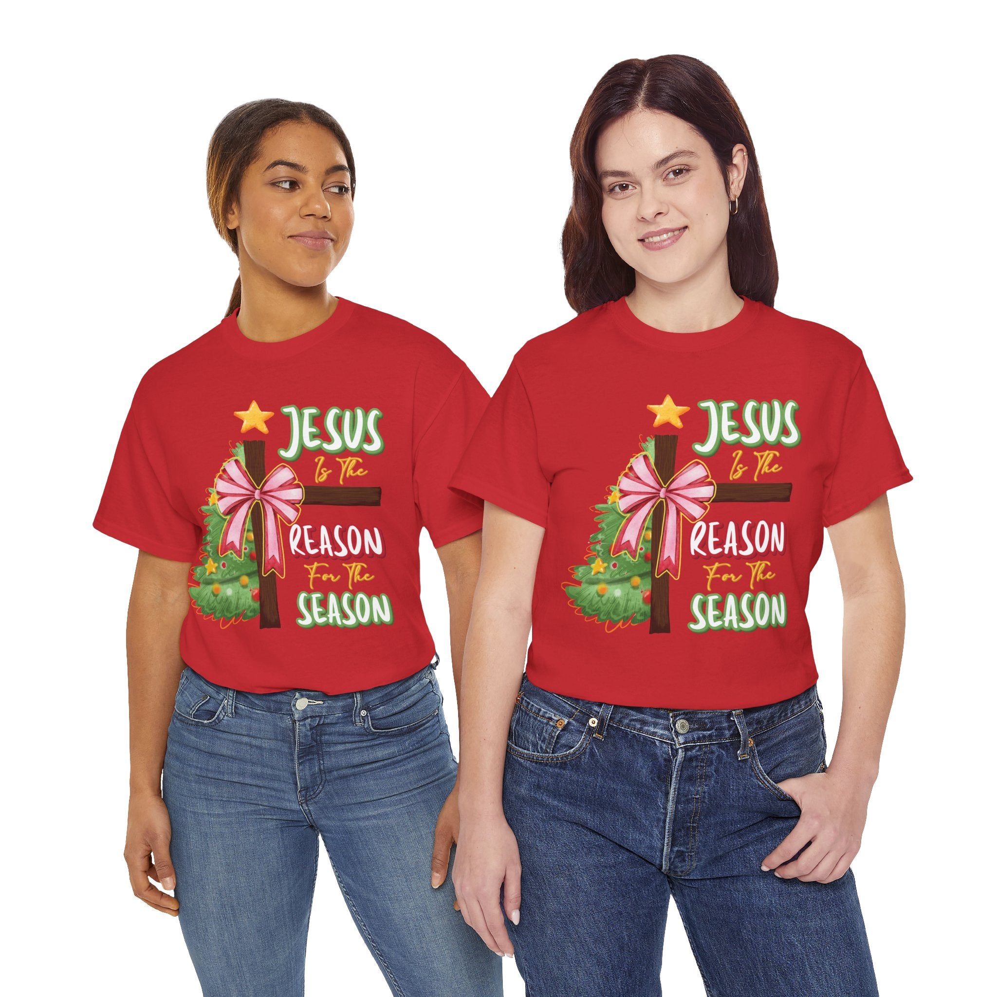 Jesus Is the Reason for the Season Christmas Tee — Cross with Pink Bow & Tree. Unisex Cotton Tee