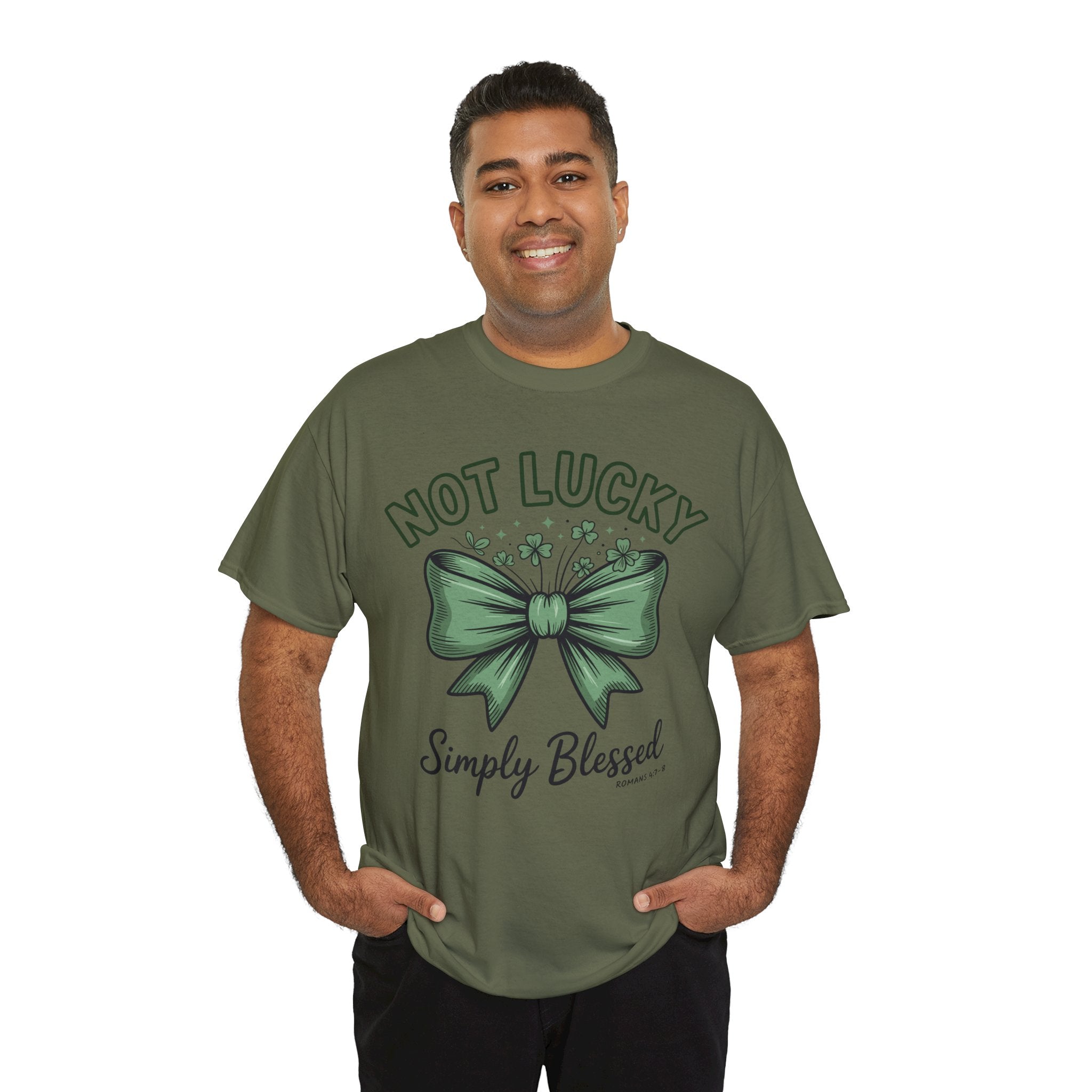 Not Lucky, Simply Blessed T-Shirt — Green Bow & Clovers St. Patrick’s Unisex Cotton Tee
