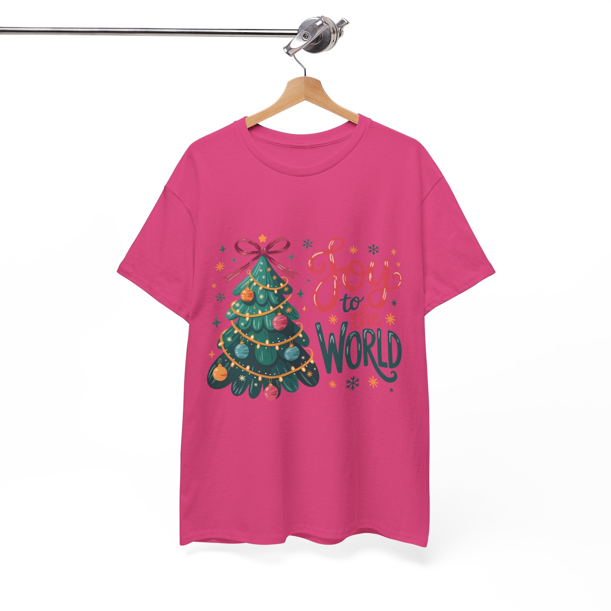 Joy to the World Christmas Tee — Festive Tree with Pink Bow..Unisex Cotton Tee