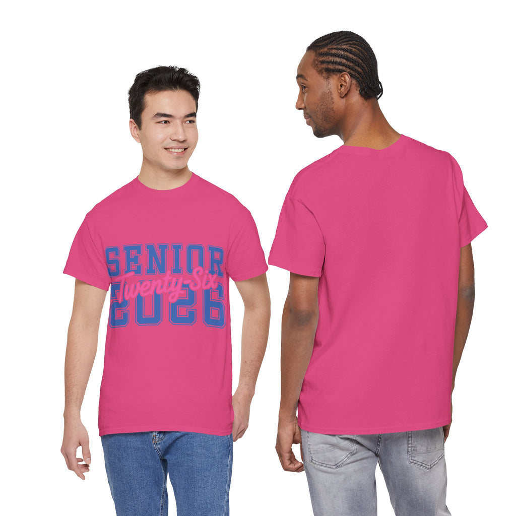 Senior 2026 Tee — Pink Varsity Block with Blue Script Overlay Unisex Cotton Tee