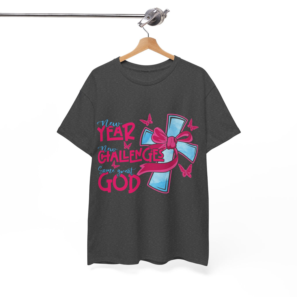 Christian T-Shirt — “New Year, New Challenges, Same Great God” with Pink Bow Cross & Butterflies. Unisex Cotton Tee