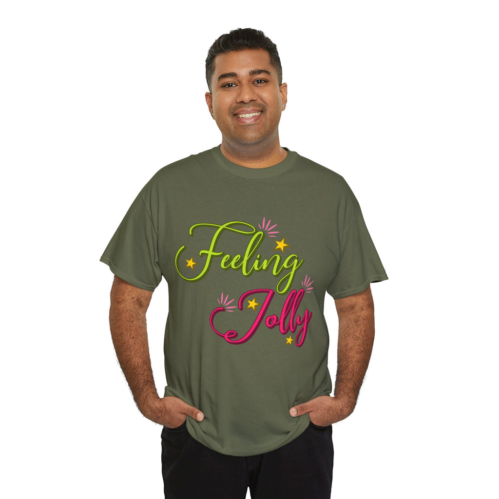 Feeling Jolly Tee — Festive Green & Pink Script with Yellow Stars Unisex Cotton Tee