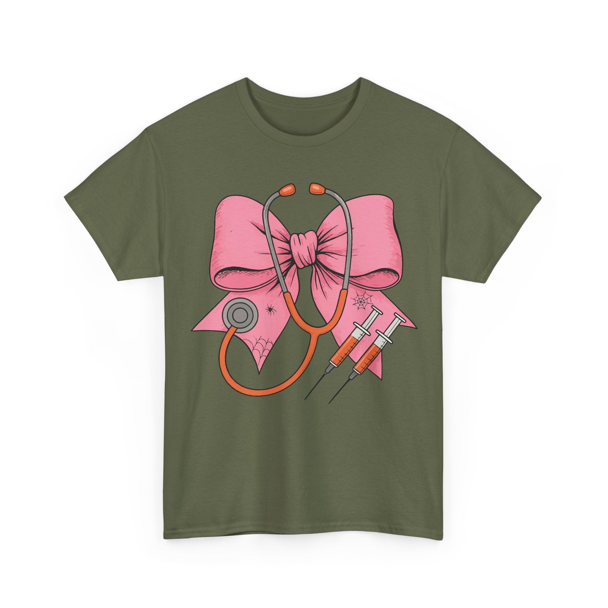 Halloween Nurse T‑Shirt — Pink Nurse Bow with Stethoscope, Syringes & Spider Webs..Unisex Cotton Tee