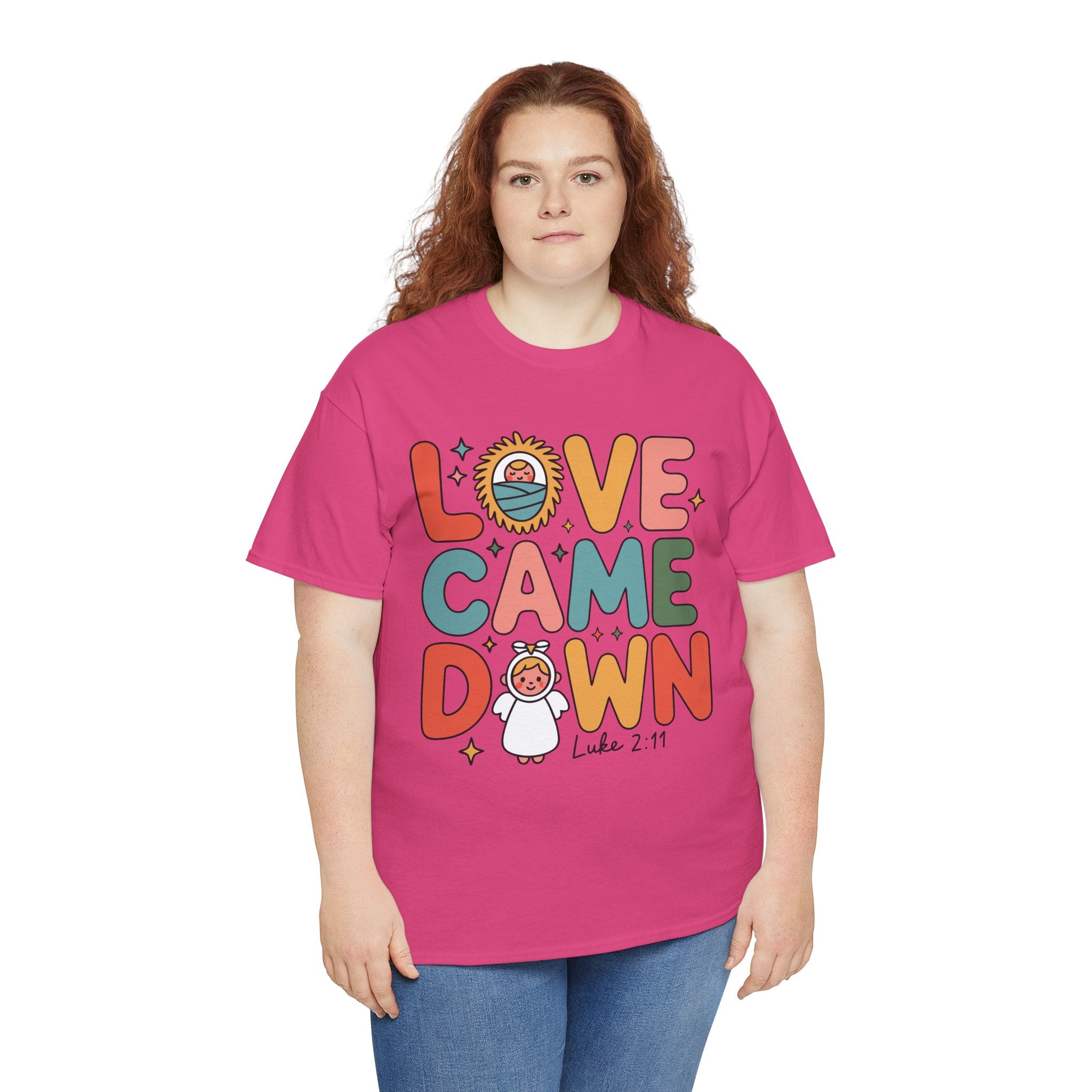 Love Came Down Christmas Tee — Baby Jesus Manger Angel (Luke 2:11)..Unisex Cotton Tee