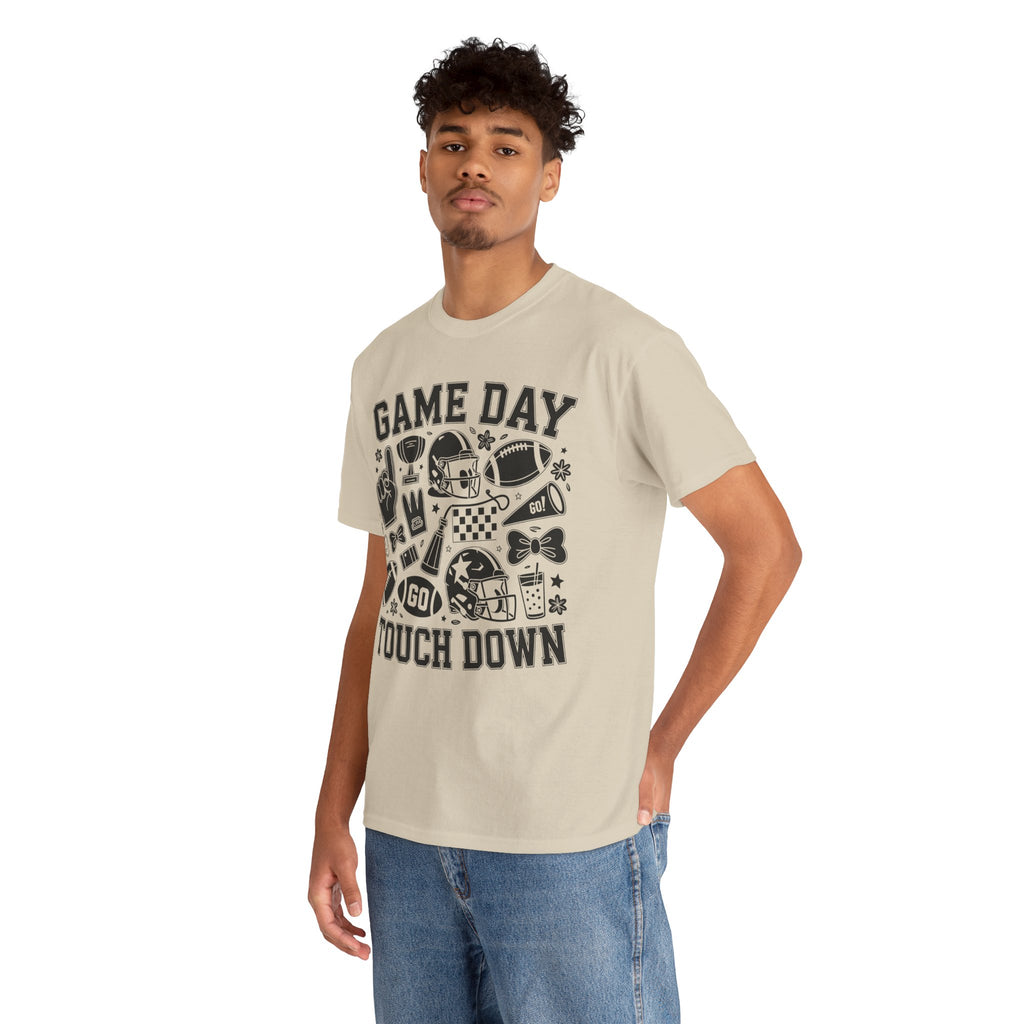 Game Day Touch Down Football T‑Shirt — Helmet & Cheer Monochrome Design Unisex Cotton Tee