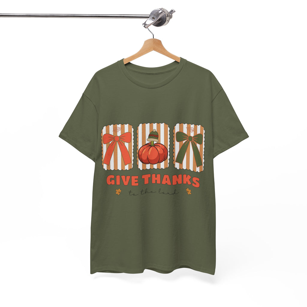 Give Thanks Thanksgiving T-Shirt — Pumpkin with Hat & Bows Unisex Cotton Tee