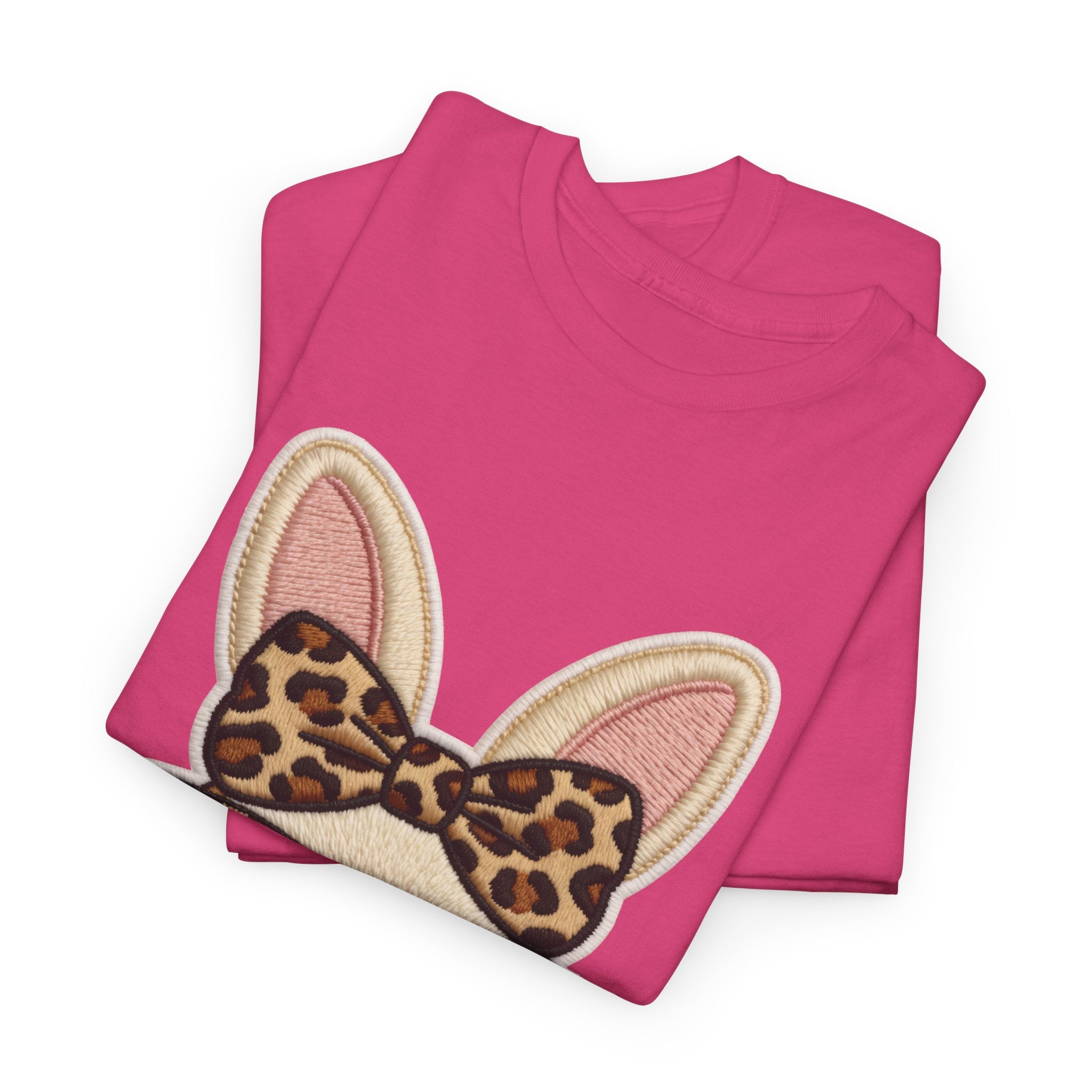 Leopard Bow Bunny Embroidered Tee — Cute Bunny Face with Glasses Patch Unisex Cotton Tee