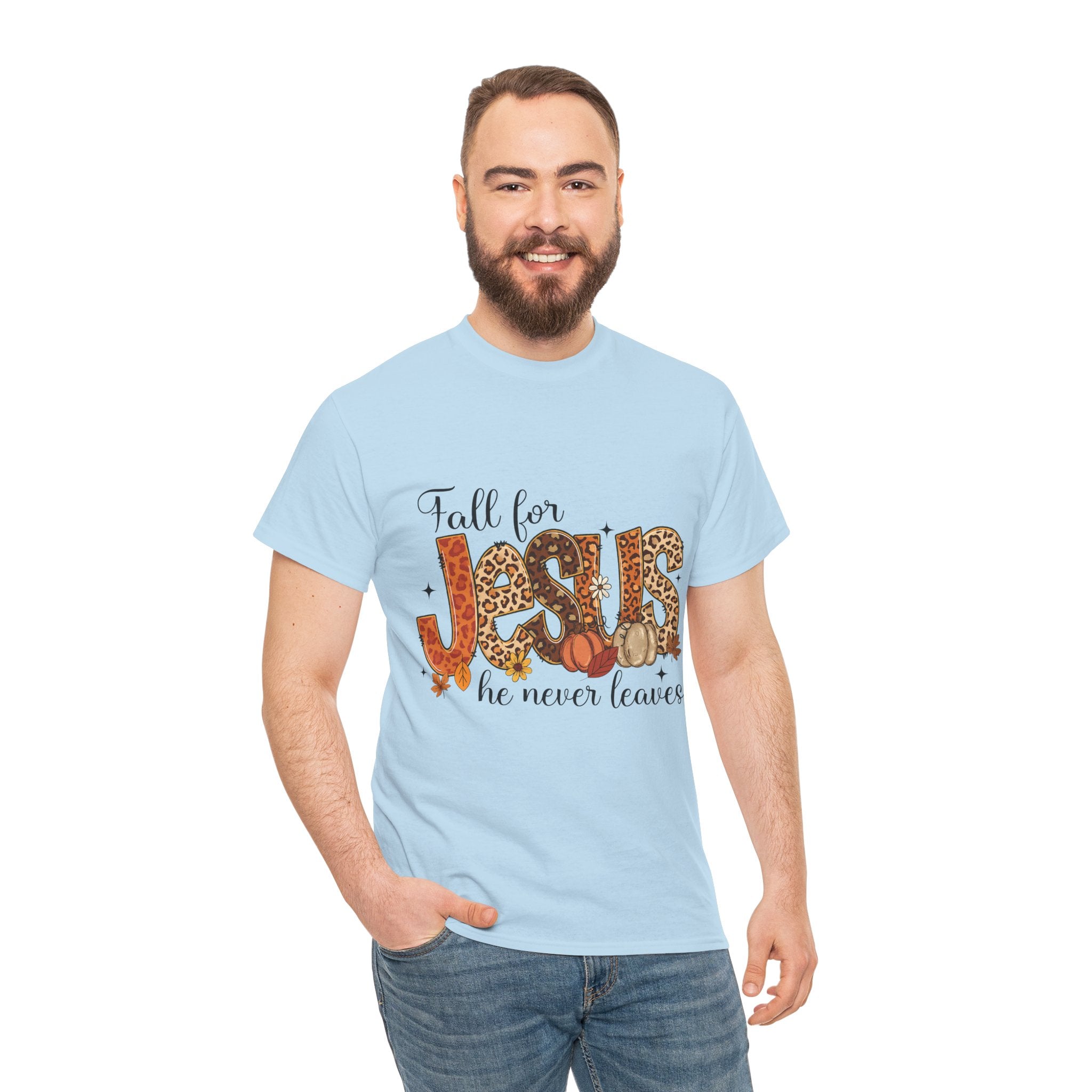 JESUS Leopard Print Fall T-Shirt — Pumpkins, Leaves & Floral Christian Unisex Cotton Tee