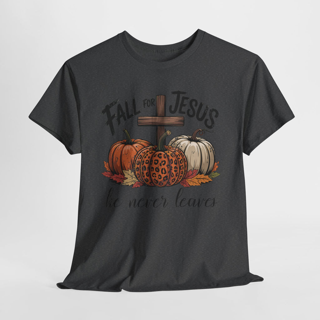 Fall for Jesus Pumpkin Cross Tee — "He Never Leaves" Autumn Christian Unisex Cotton T-Shirt